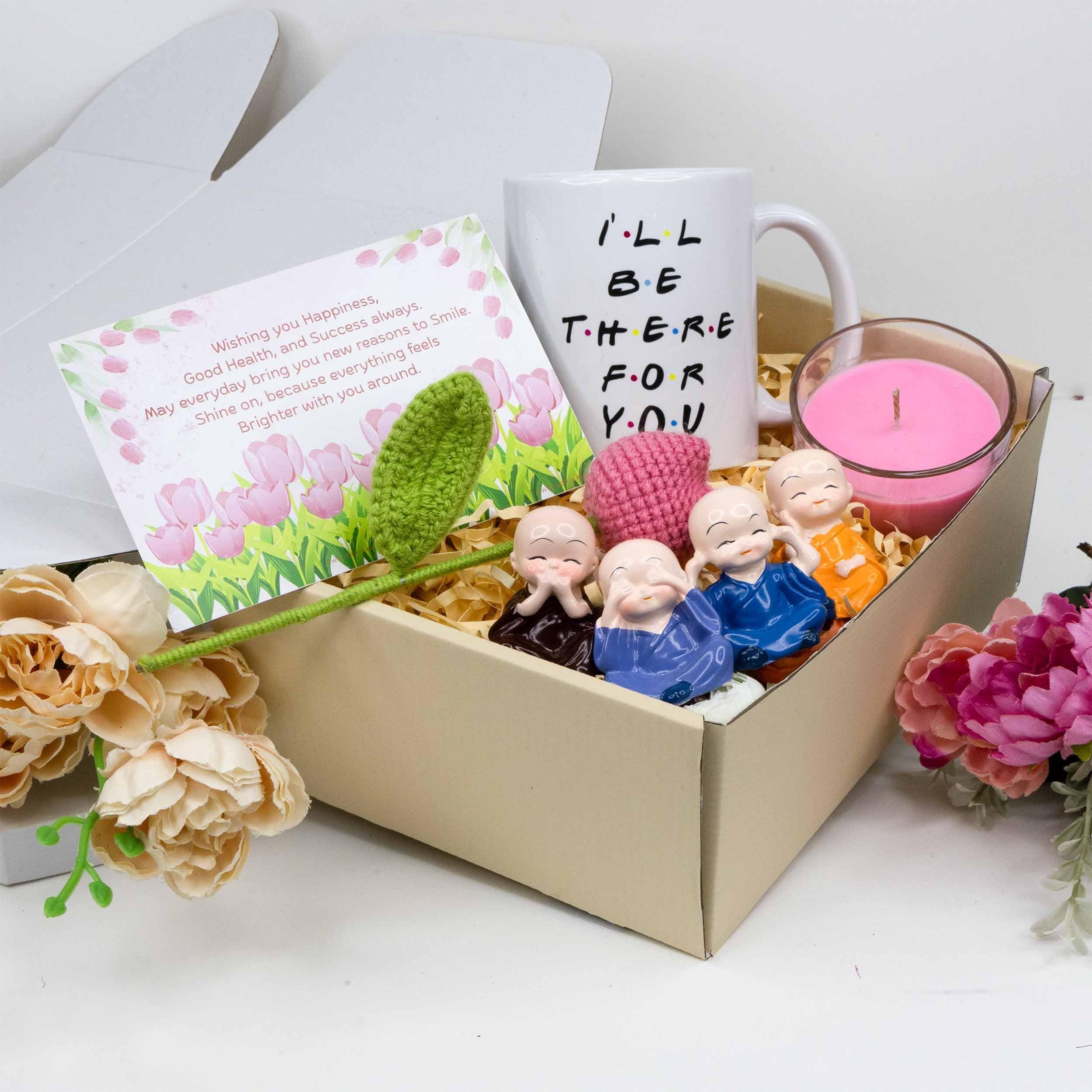 Gift Hamper for Women - I Will Be There for You | Coffee Mug, 4 Cute Buddha Décor, Scented Candle, Crochet Tulip Flower & Greeting Card | Birthday Gift, Friendship Gift, Emotional Gift for Her