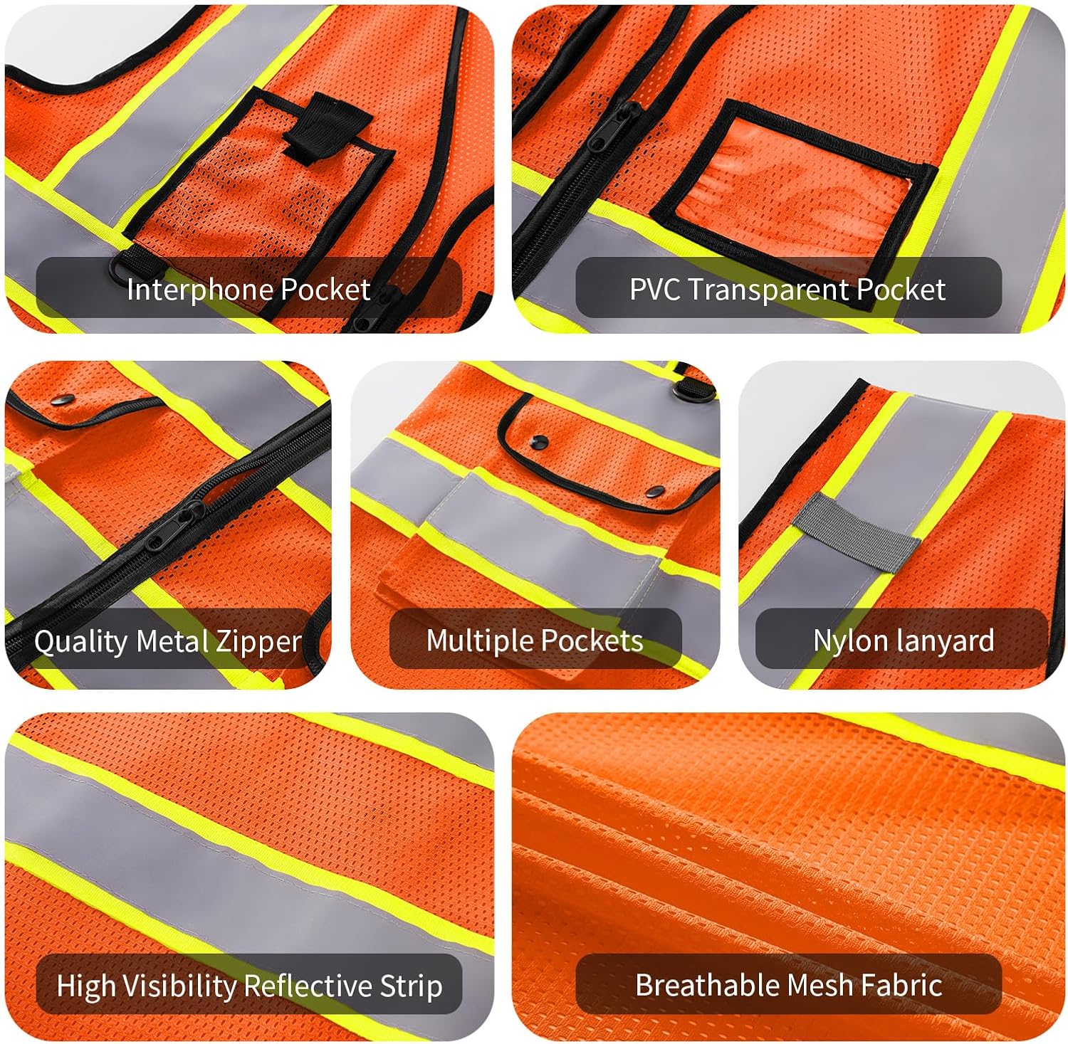 Reflective Vest Safety Vest Class 2 ANSI Standard with Pockets Zipper High Visibility Construction Uniform