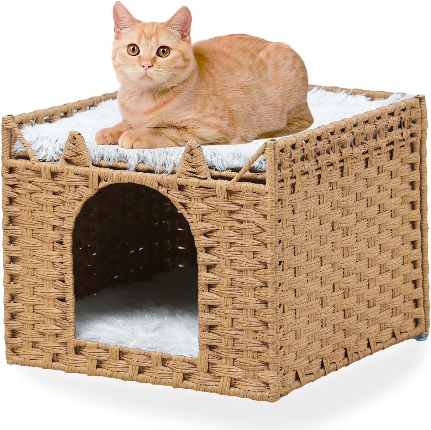 Similar to product LUCKITTY Cat Bed with Ears - Handwoven Rattan Cat Cave House for Indoor Kittens, Foldable Hideaway with 2 Removable Cushions, 16.5x16.5x13.2 Inch Natural Pet Cube for Living Room/Bedroom Natural