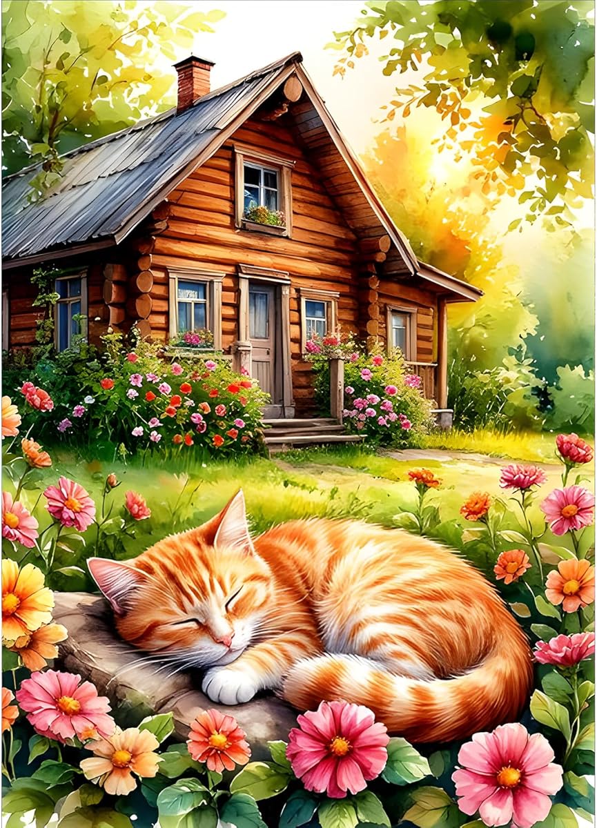 GDYEEH Hütte Garten Diamond Painting Erwachsene, 5D Kätzchen Diamant Kunst Bilder Anfänger, DIY Runder Vollbohrer Blumen Diamanten Malerei Stickerei Kreuzstich Geschenke Home Wand Dekor 30x40 cm