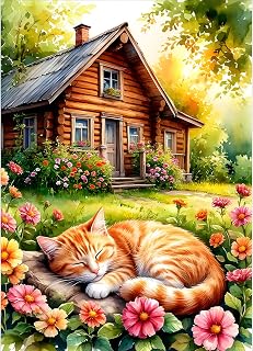GDYEEH DIY 5D Cute Kitten Diamond Art Kits, Round Full Drill Hut Garden Diamond Painting Picture, Sleeping Cat Painting by Numbers Art Kits for Adults Beginners Home Wall Decor 12x16 inch