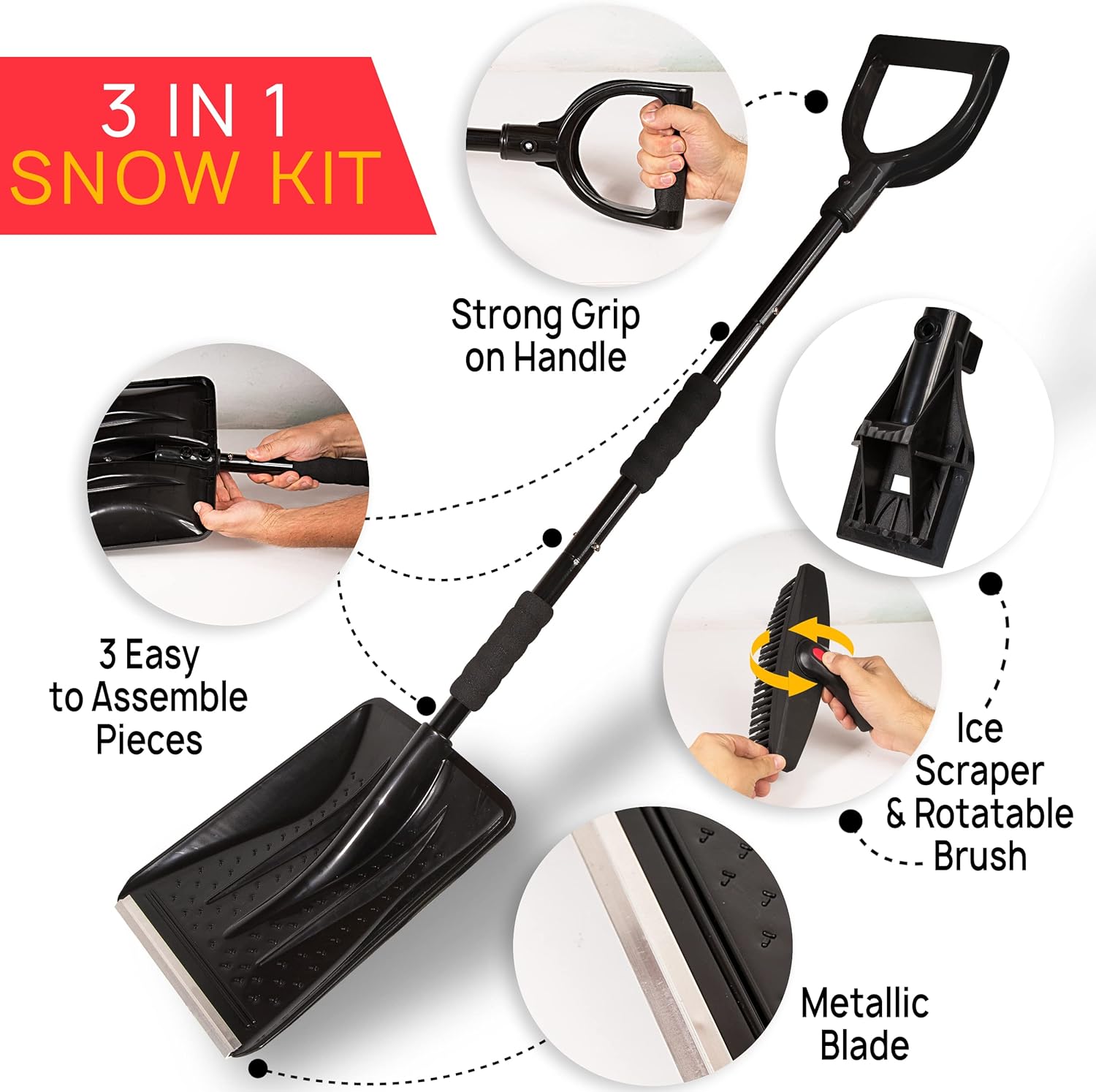 review Vaygway 3 in 1 Snow Shovel Kit - Premium Quality Portable Collapsible Replaceable Rotatable Head Snow Removal Brush Kit , Ice Scraper and Snow Brush Car Set with Carrying Bag for Cars Truck SUVs Van