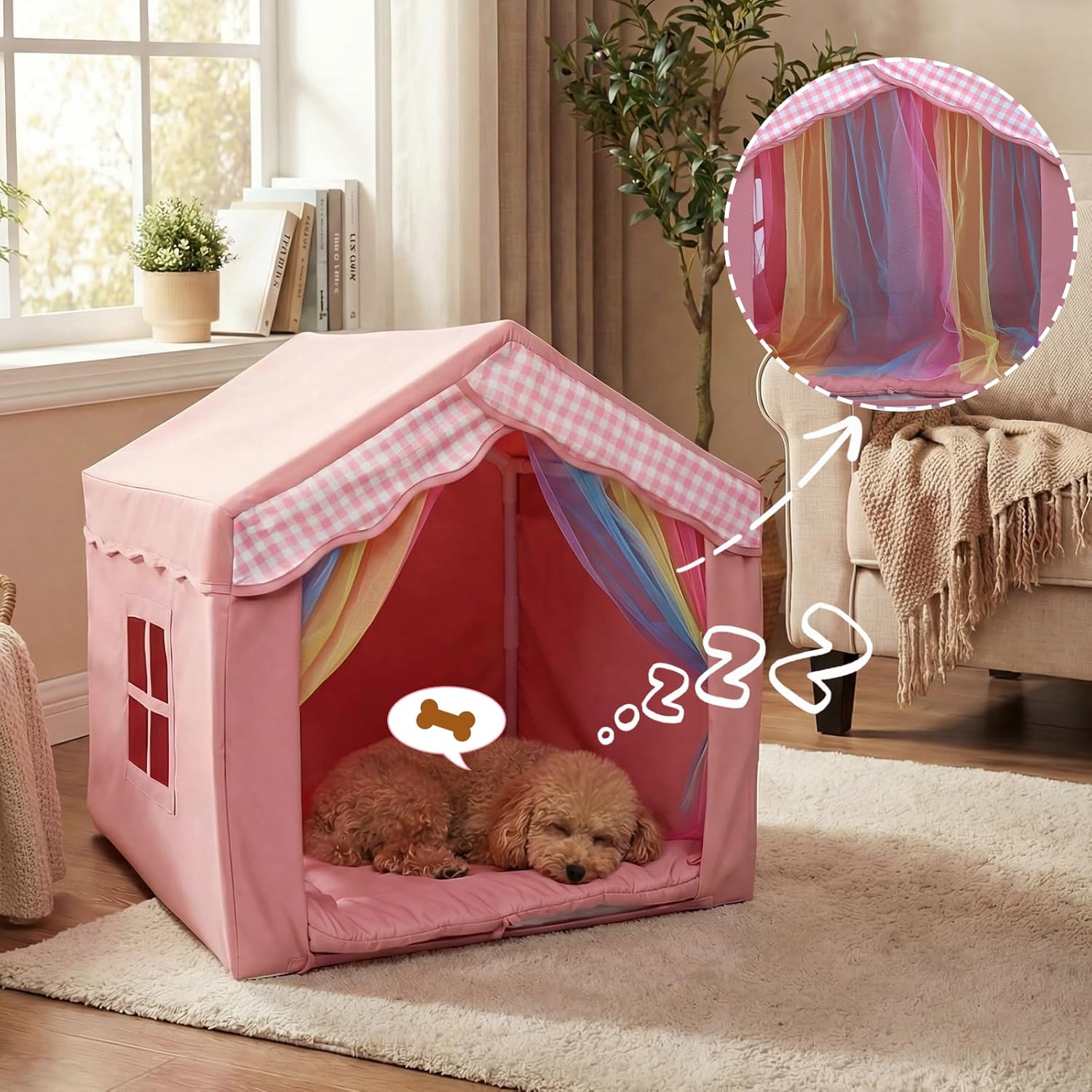 Cute Pink Princess 26" Dog House Tent Bed for Pets Dogs Cats, Cozy Confortable Puppy Cat Rabbit Kennel Bed Tent w/Washable Cushion, Holds Up to 50lbs Pets