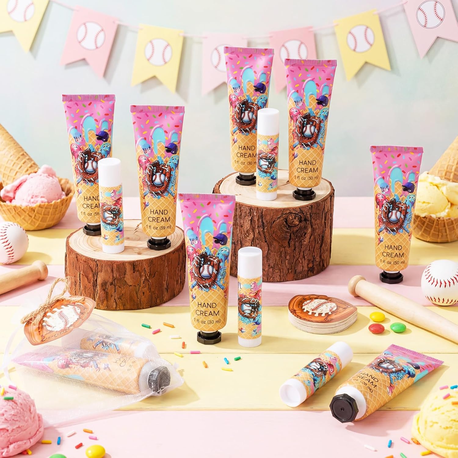 Lounsweer 24 Sets Ice Cream Drip Baseball Hand Cream and Lip Balm Gift Baseball Party Favors Goodie Bag Stuffers Team Gifts Birthday Party Favors for Teen Adults