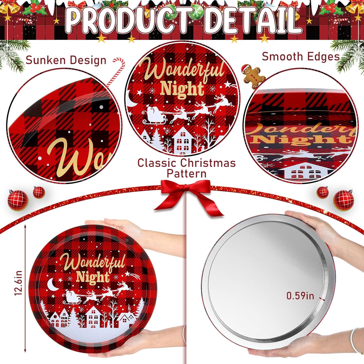 Yaomiao 8 Pcs Christmas Cookie Plates Christmas Trays Round Plaid Serving Platter, Red and Black Iron Cookie Trays for Dessert Snacks Xmas Party Decorations, 4 Styles (Classic Style)