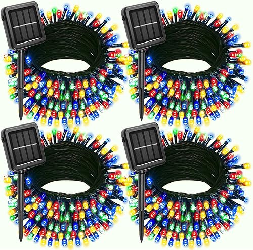 Miniatura 8 de Paquete de 4 luces solares rojas y blancas de Navidad para exteriores, impermeables, 400 luces LED de 132 pies, luces solares de hadas de alambre