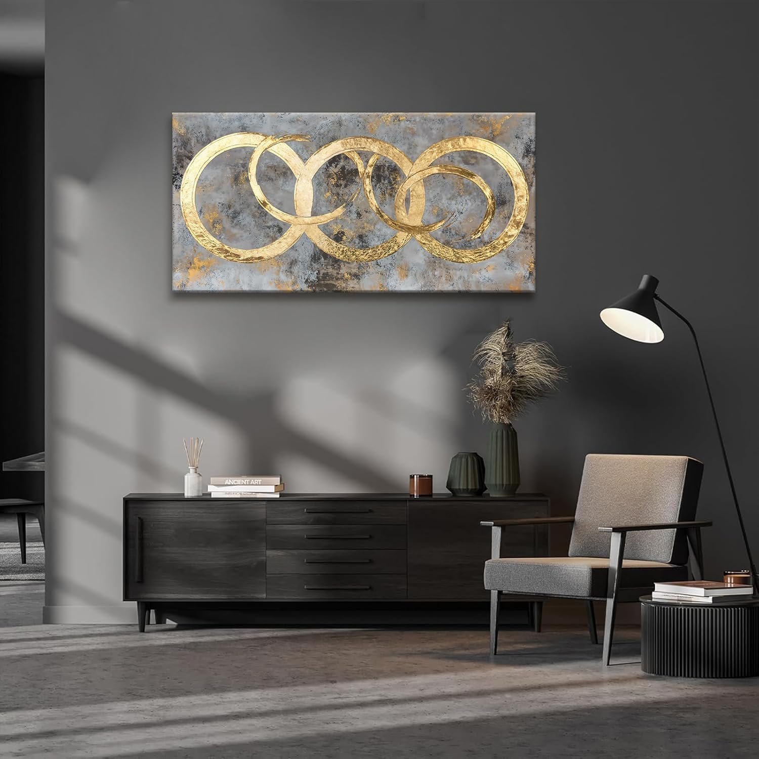 I@U Minimalism Abstract Gold Circle Wall Art For Bedroom Modern Pictures Wall Decor Canvas Print Abstract Wall Art For Living Room Kitchen Office Dining Room Decor 24x48 Inch