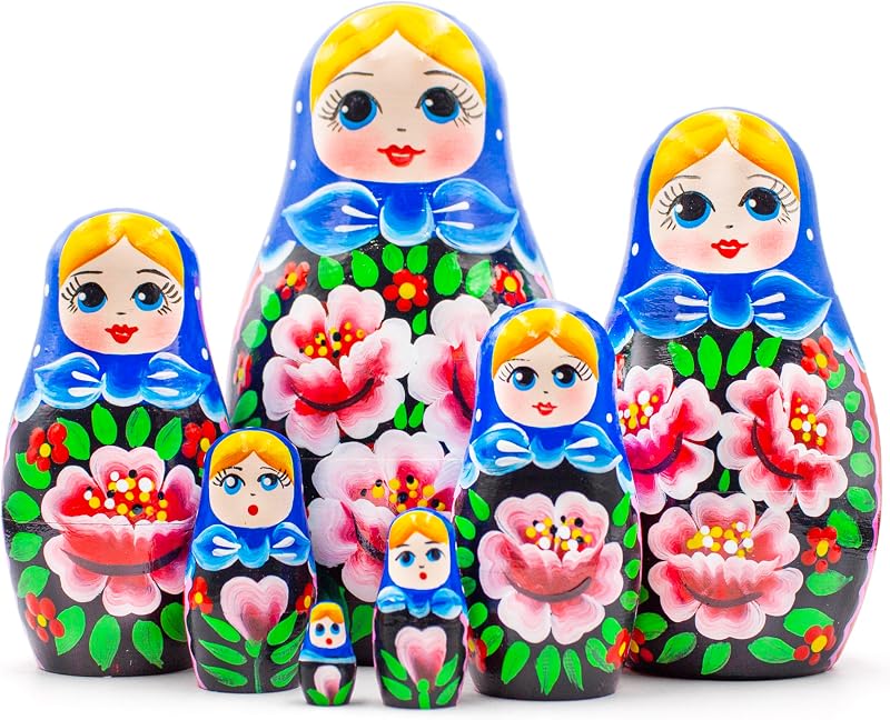 Nesting Babushka Dolls - Handmade Rose Hand-painted - Matruska Stacking 7 Dolls - Munecas rusas - Home Decor Decorations