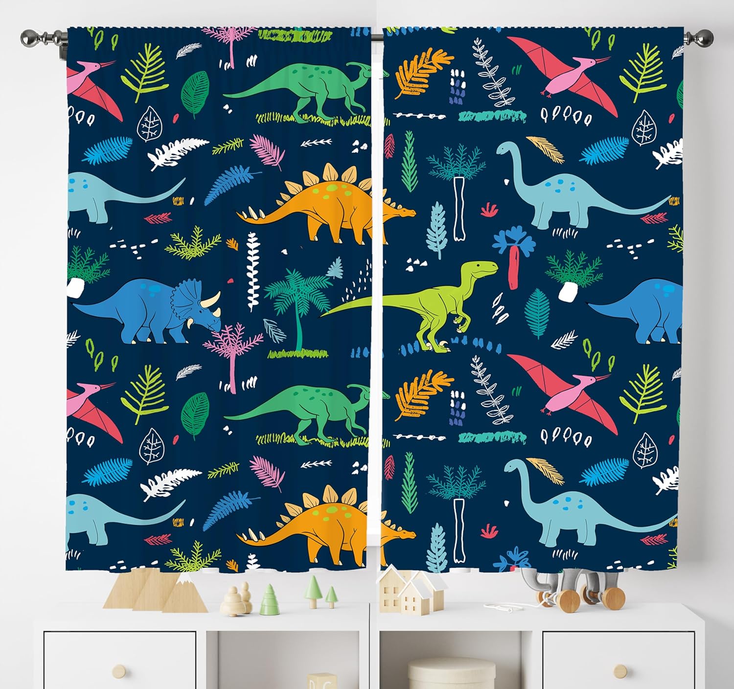 Toddler Dinosaur Curtains, Blue Cartoon Forest Plant Jurassic Cute Dinosaur Animal Blackout Windows Treatments, Thermal Insulated Drapes For Boys Kids Childcare Baby Bedroom Living Room 42x45in