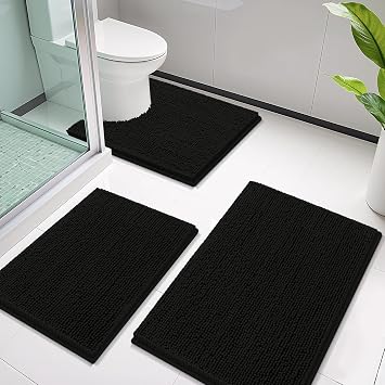 Smiry Bathroom Rugs and Mats Set of 5, Non Slip Absorbent Shaggy Bath Rug for Tub, Shower and Bath Room (30x20+24x16+30x20+24x16+24x20, Black)