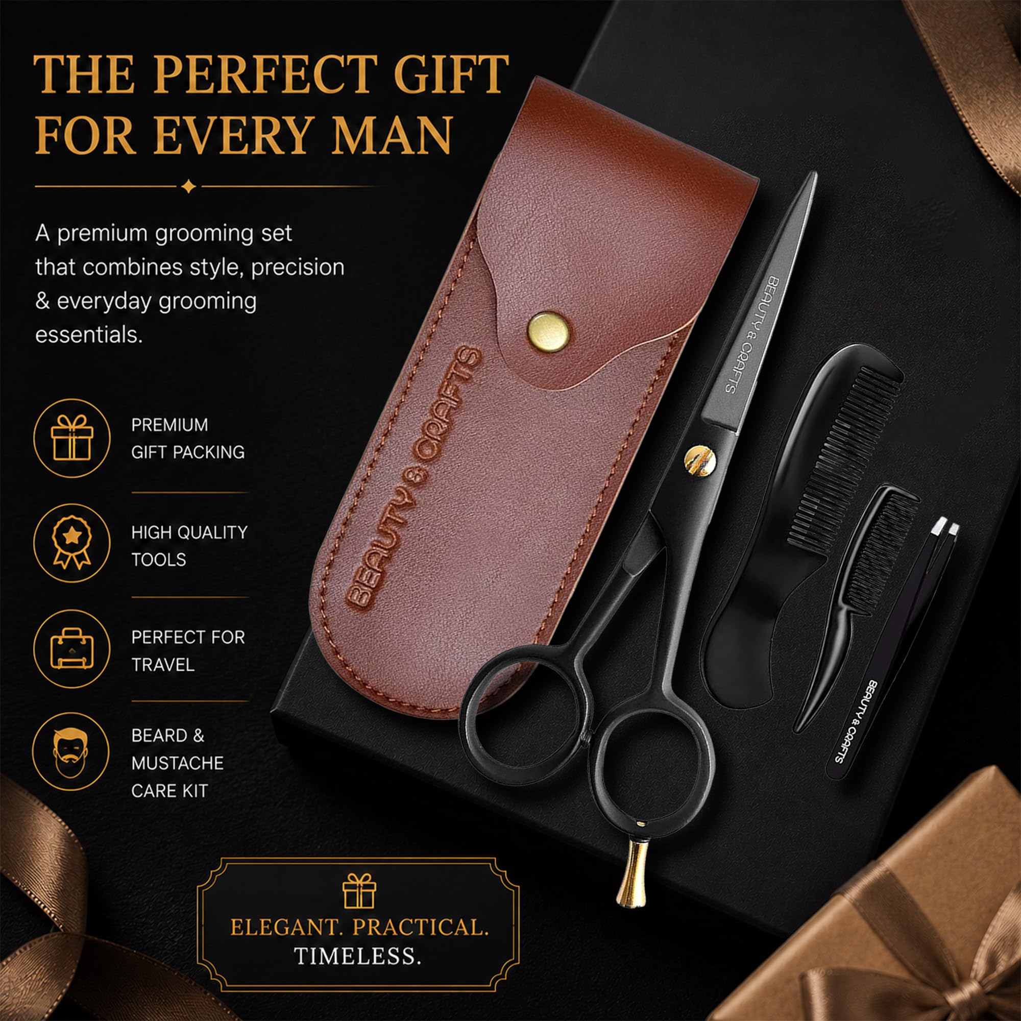 Tijeras profesionales alemanas para barba de 5 pulgadas para hombres, 2 peines de bigote para vello facial con hermosa bolsa y pinzas, tijeras de bigote para hombres, para aseo, corte, peinado,