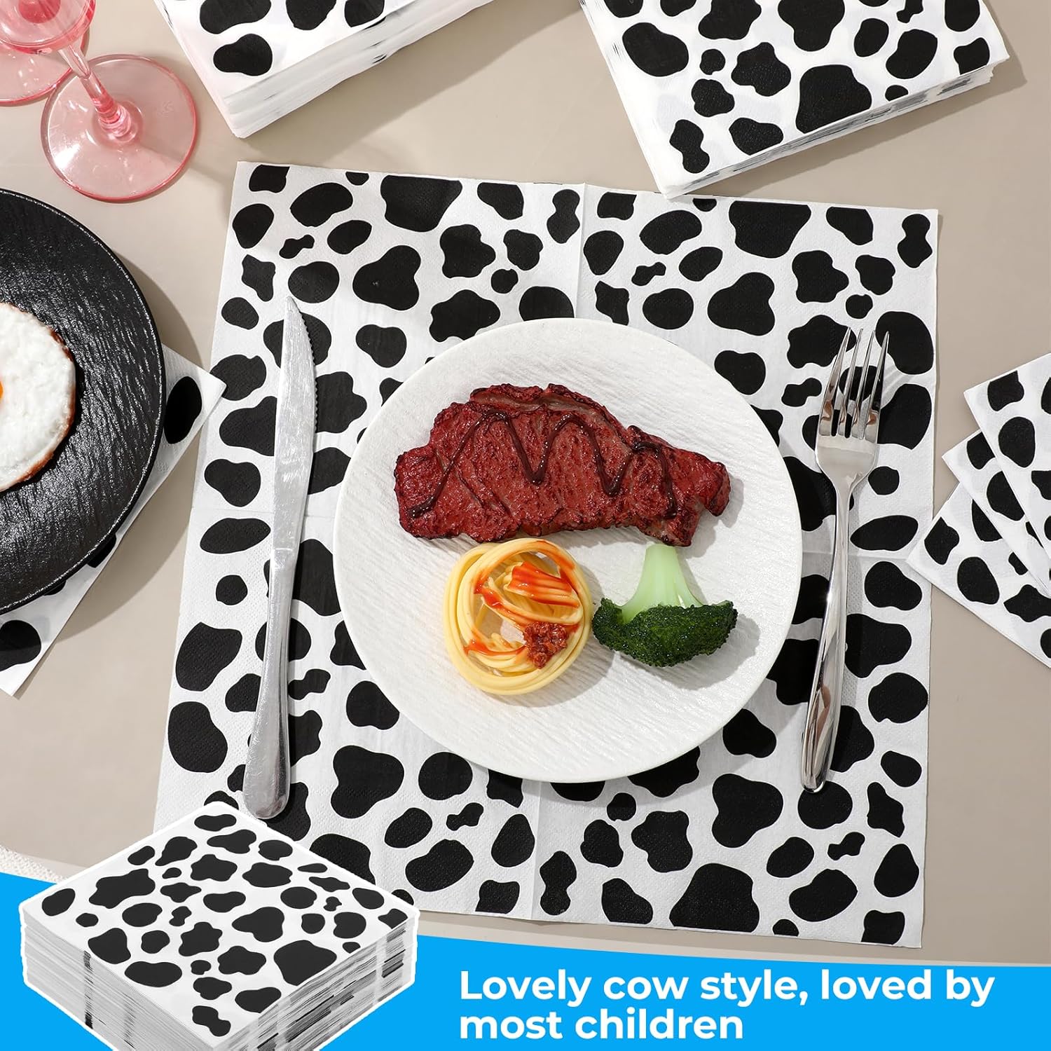200 Pieces Cow Print Napkins 2 Layers, 6,7x6,7in Farm Animal Cow Napkins, Disposable Animal Napkin Black & White Napkin for Birthday Party Baby Shower Theme Dinner