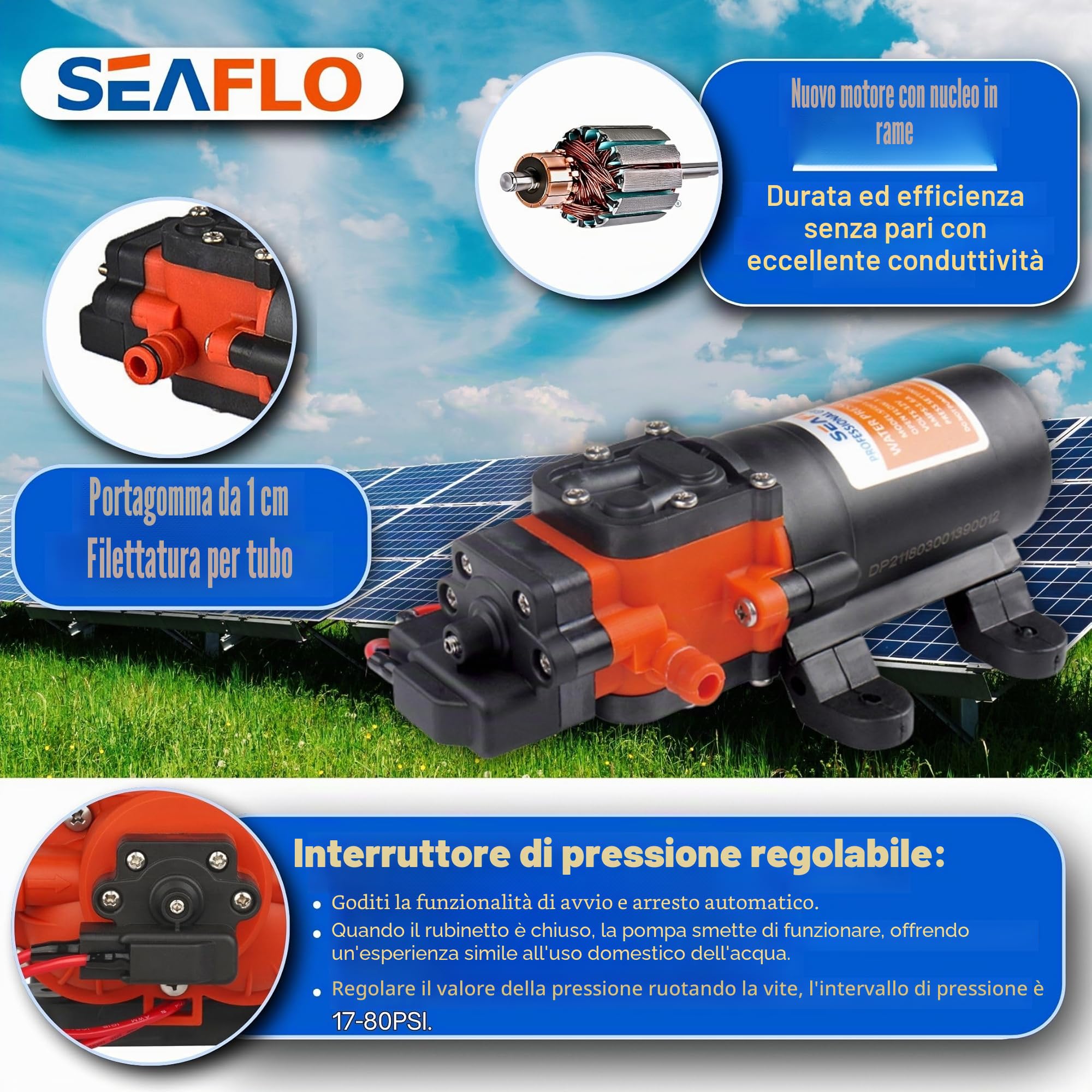 Seaflo Pompa a membrana a pressione dell'acqua, 12 V, 1,2 GPM, 35 PSI
