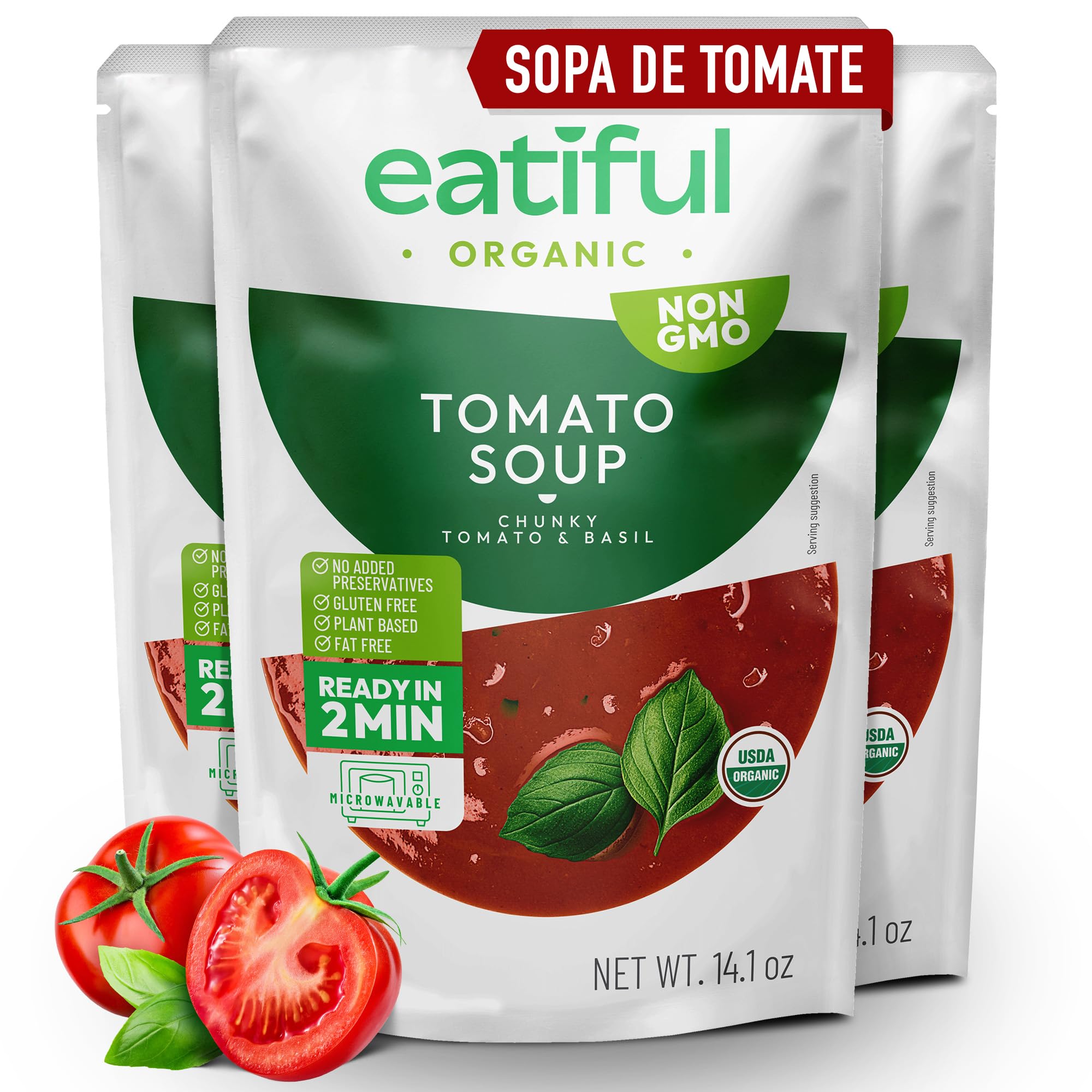 EATIFUL Sopa de Tomate Orgánica, Lista para Comer, Vegana y a Base de Plantas, Sopa Cremosa de Tomates, Sin Conservantes Añadidos, Sin Gluten, NO GMO, 400g (Paquete de 3)
