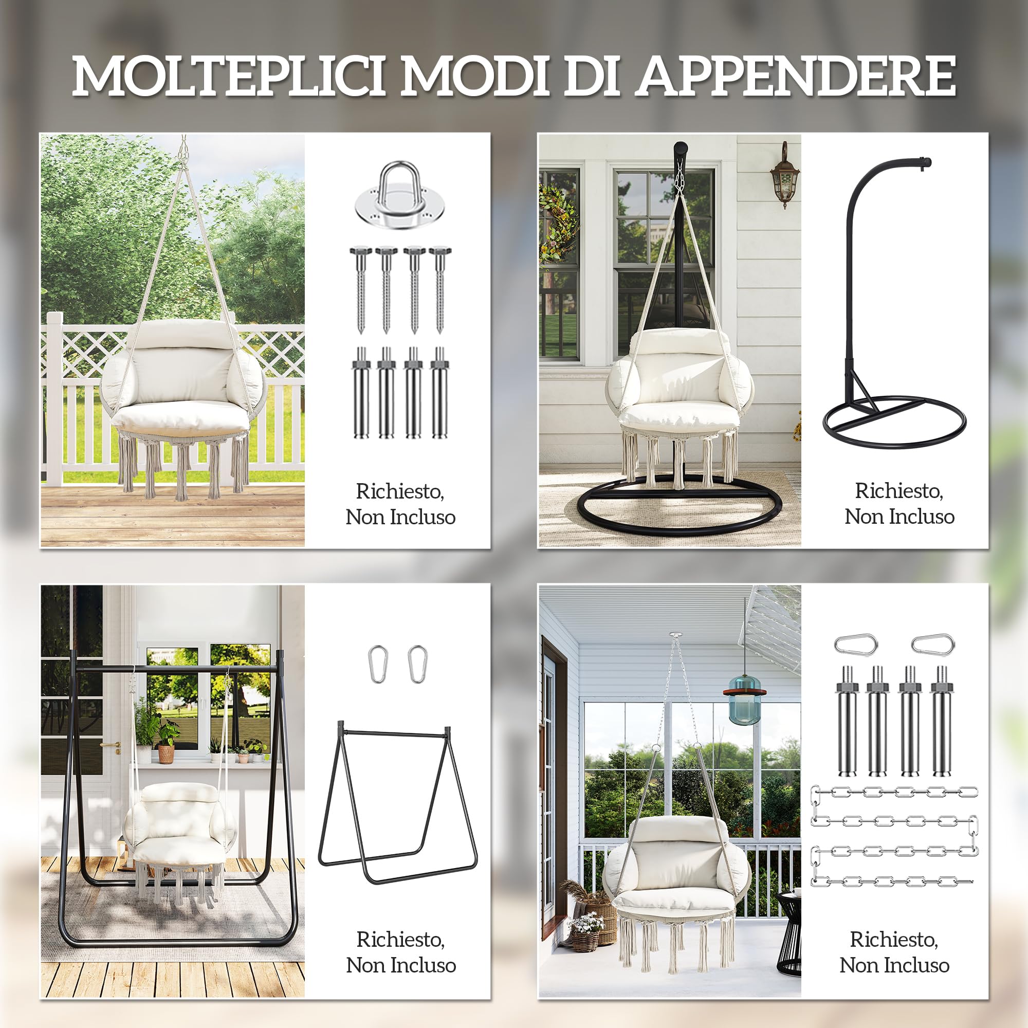 Outsunny Poltrona Sospesa da Esterno in Stile Boho con Frange, Cuscino, Corde e Anelli, Sedia Sospesa da Giardino in Acciaio, Cotone e Poliestere, Portata Fino a 120 kg, 80x60x40 cm, Crema