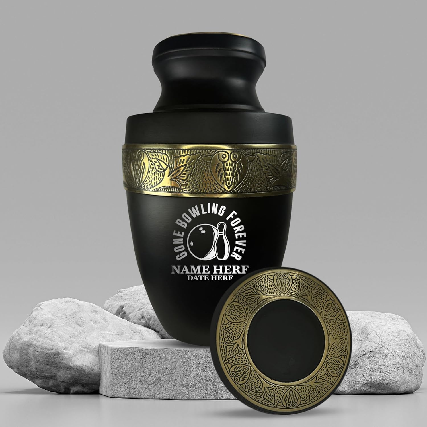 Personalized Adult Human Cremation Urn with Custom Engraved Name Date on Vessel for Ashes and Cremains | Elite Funny Bowling Lover Series with Gold Inlay | 200 Lbs | Gone Bowling 3 | Black