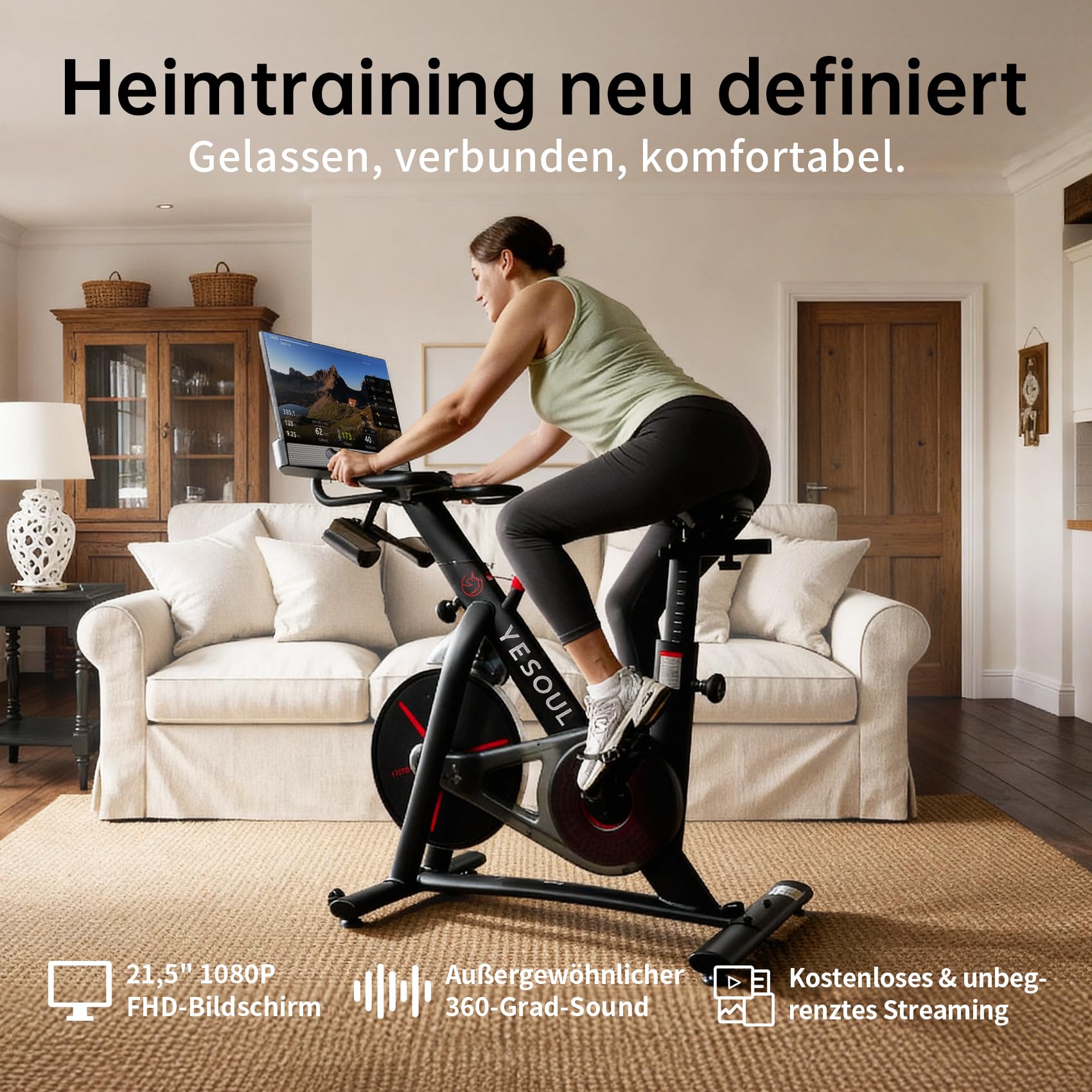 YESOUL G1M Plus Heimtrainer Ergometer, Leises Indoor Fitnessbike für Kardio Training mit 21,5" FHD-Bildschirm, Magnetischem Widerstand, 360°-Sound & Unbegrenztem Streaming