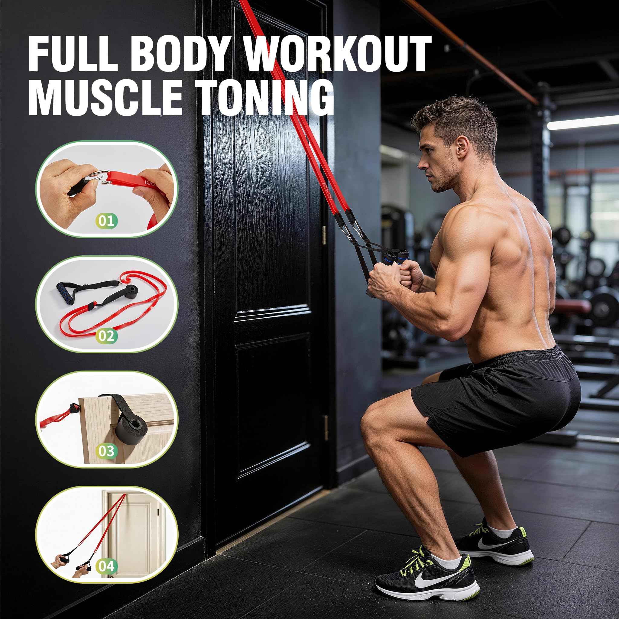 Widerstandsbänder Set 5 Stufen mit Anker, Griffen, Tasche, Trainingsanleitung, für Muskelaufbau, Yoga, Fitness