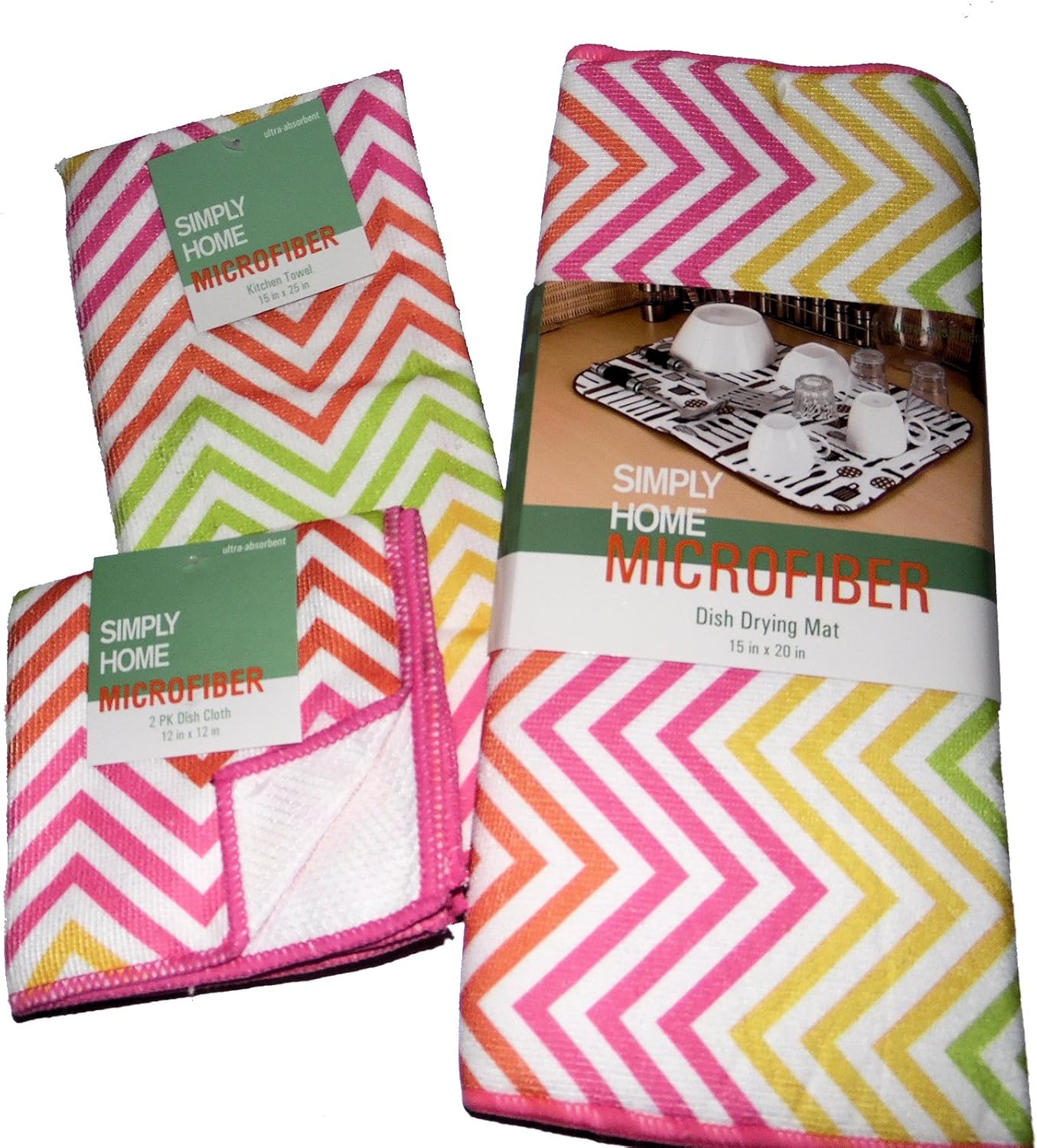 Simply Home Colorful Zigzag Design Kitchen Linen 4 Piece Gift Set Microfiber Drying Mat, Towel & Dish Clothes