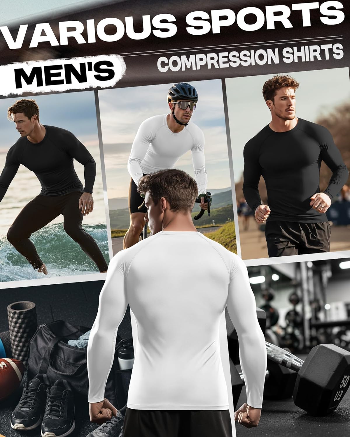 4 Pack Mens Long Sleeve Compression Shirts Crew Neck Workout Tight Tops Athletic Base Layer Undershirts - Image 2