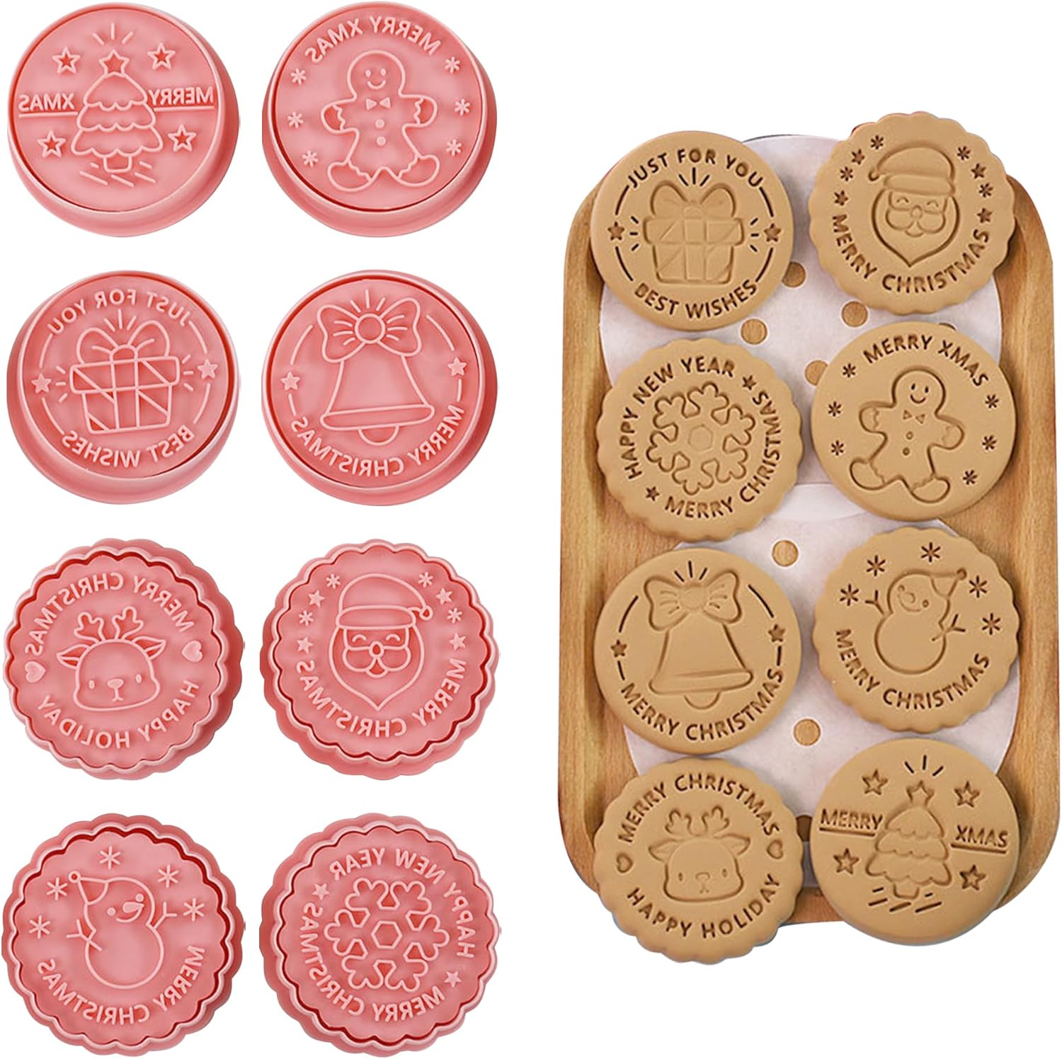 8Pcs Round Christmas Cookie Cutters and Stamps,3D
