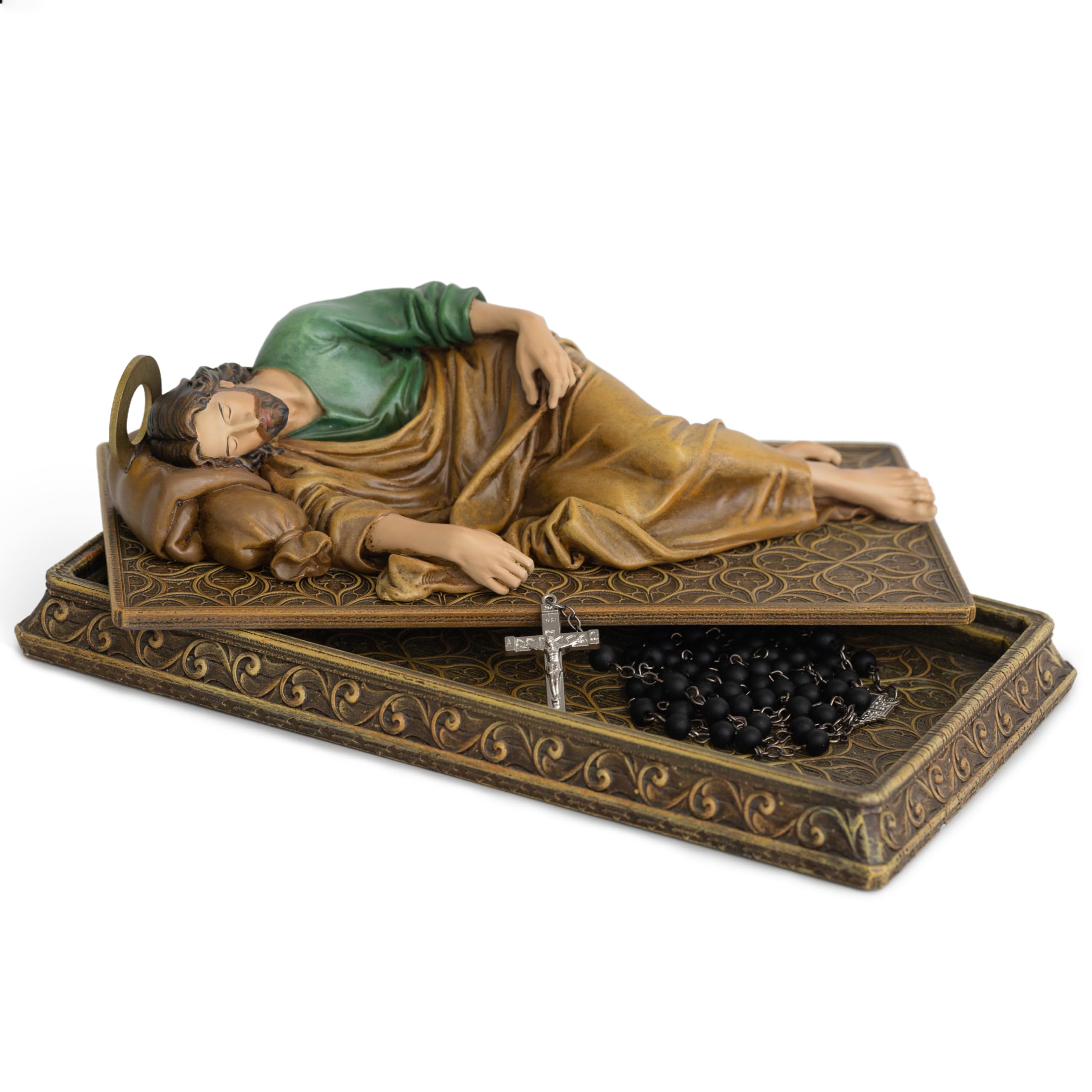 BC BUILDCLASSIC Catholic Sleeping St. Joseph Statue with Case Base, with Metal Halo,Prayer Cards Holder, Religious gift for Dad, Inspirational Home Decor 8.8" L, Hand Painted by (Dark Full color)
