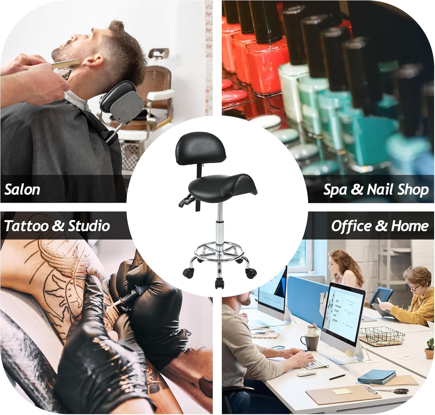 Saddle Stool with Back Support, Rolling Stools with Foot Rest, Ergonomic Adjustable Stool with Wheels, Backrest Adjustable Height & Angle for Salon Spa Tattoo Massage Office Swivel Stool Chair