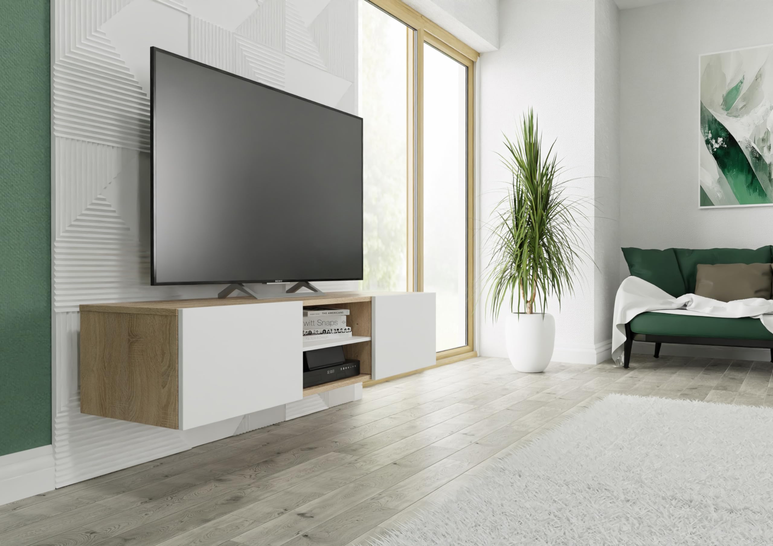 PLATAN ROOM TV Lowboard/Sideboard 140 cm breit Hängeschrank Fernsehschrank TV Kommode mit 2 Türen und offenem Fach in 5 Farbvarianten (Sonoma Eiche/Weiß Matt, 140 cm breit)