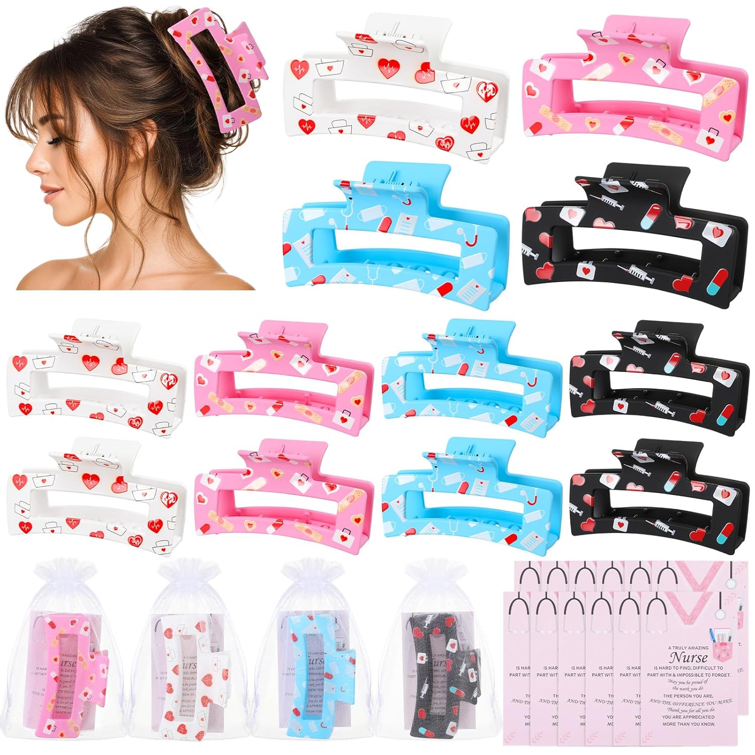 Sosation 12 Set Nurse Hair Claw Clips Gift for Women Girls Cute Nightingale International Nurses Day Gift Medical Heart Rectangle Nonslip Hair Clips with Cards and Bags for Nursing Student Doctors
