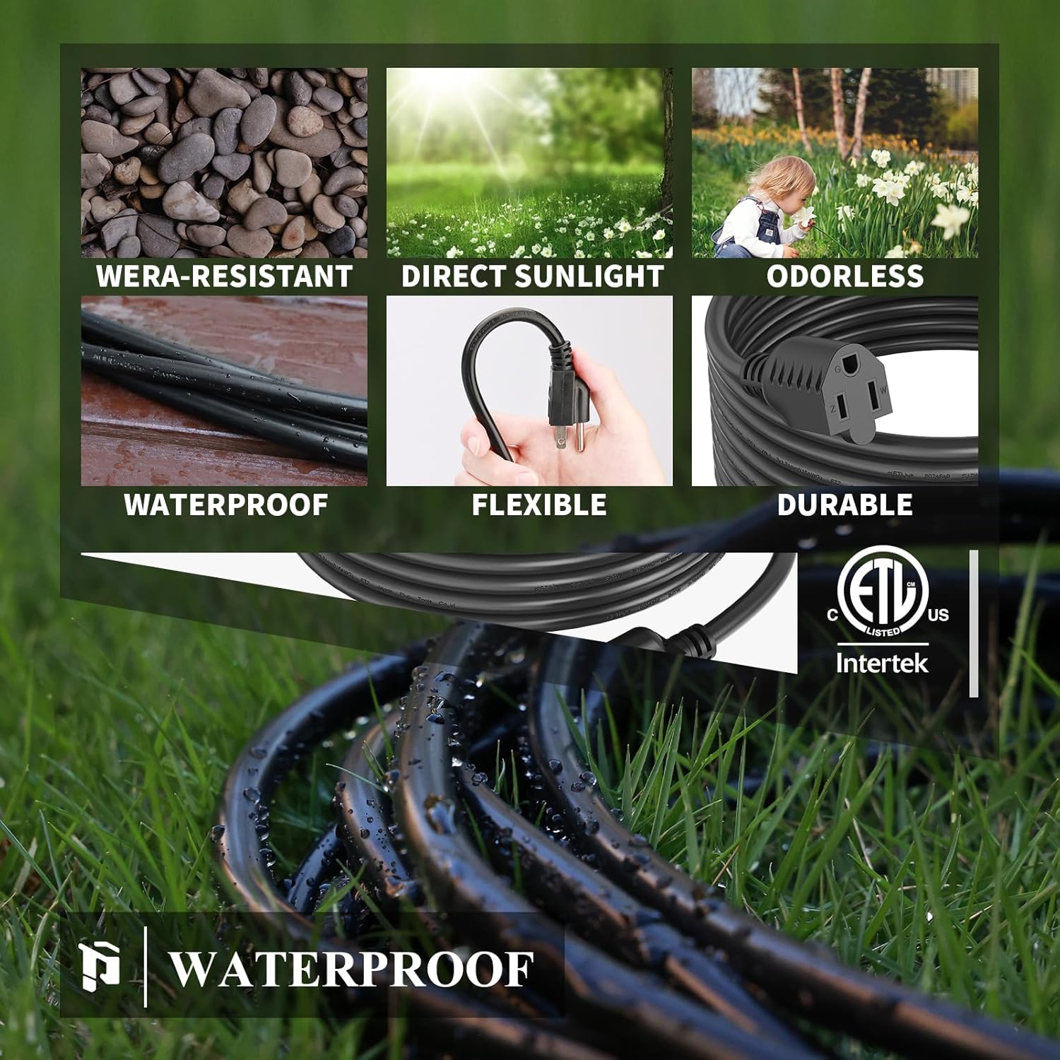 PLUGTUL Extension Cord 100FT, 16/3 Gauge Outdoor Extension Cord Waterproof, 10A 1625W SJTW, ETL Listed, Great for Garden and Home, Black