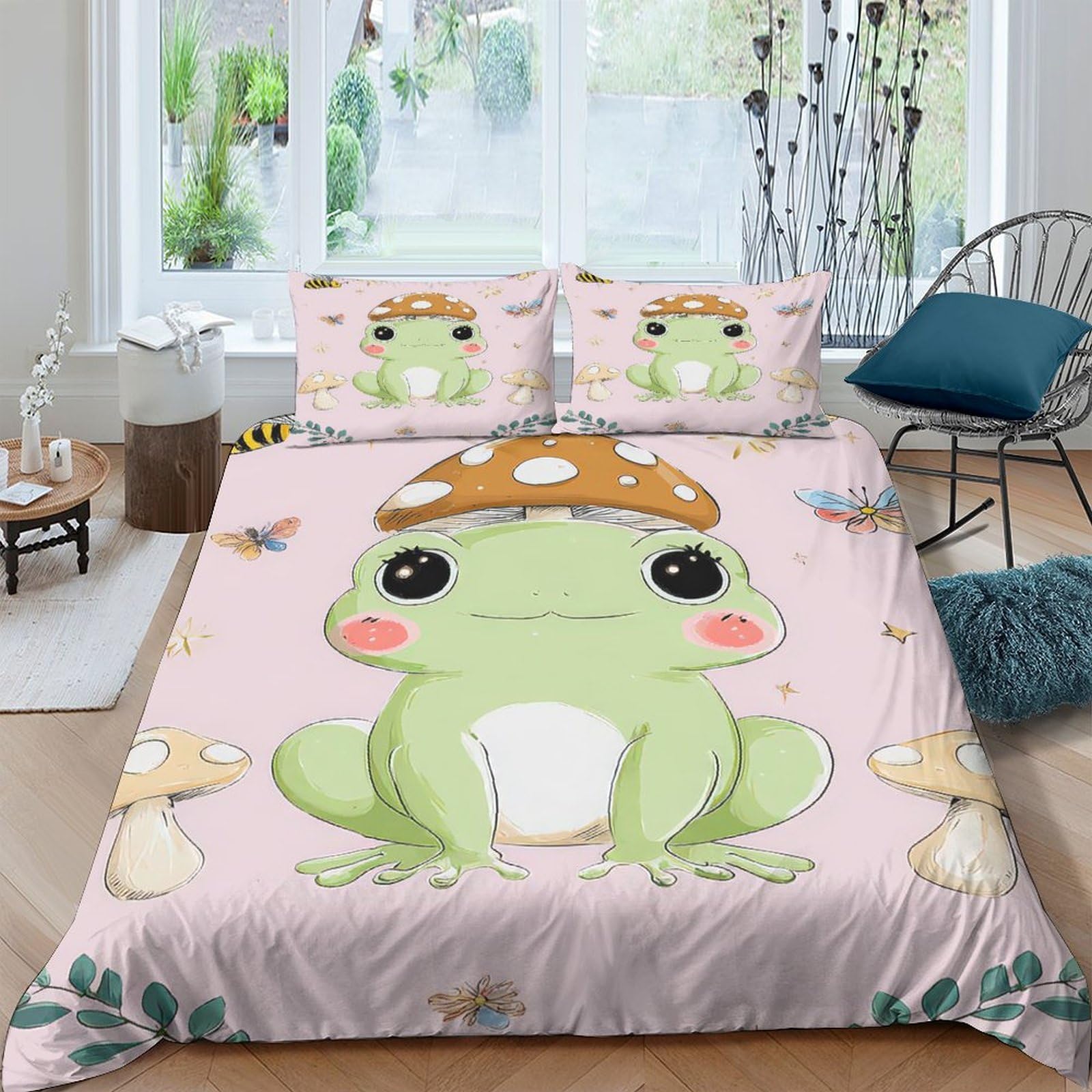 Ctjqhvkz Style-2 3D Printed Cute Frog Fitted Sheet Microfiber Pink Mushroom Bed Sheet Anti-Slip Easy Care For Bedroom Dorm Mattress Decor Single（135X200cm）