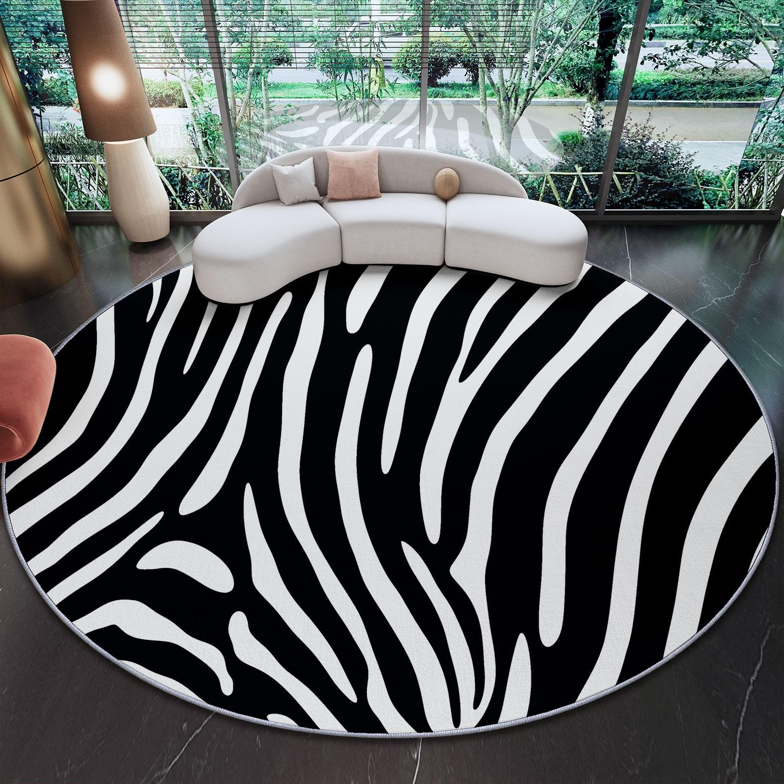 Tapis rond lavable en machine velours ras imprimé zèbre noir et blanc Ø 120 cm