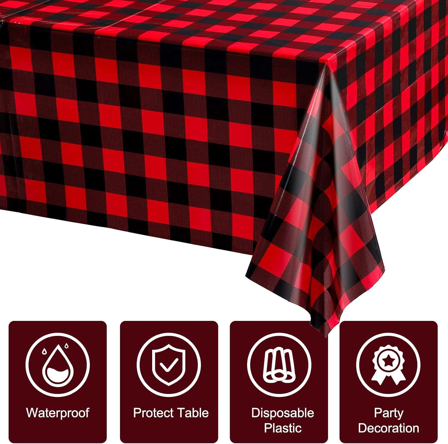Breling Red and Black Lumberjack Checkered Tablecloth Plastic Gingham Table Cover Disposable Tablecloth for Camping, Holiday Decor, 108 x 54 Inch(3 Packs) - Image 3