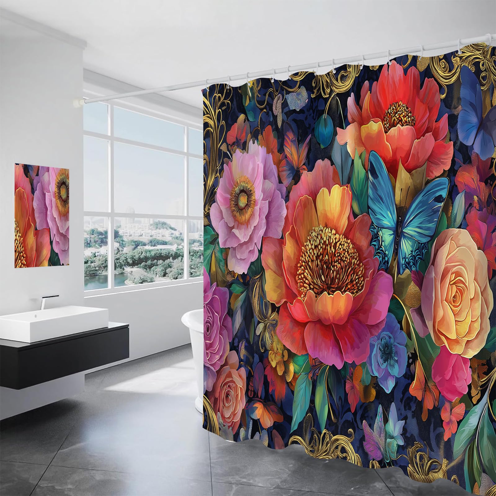 Rideau salle de bain polyester 180x200 avec crochets motif floral