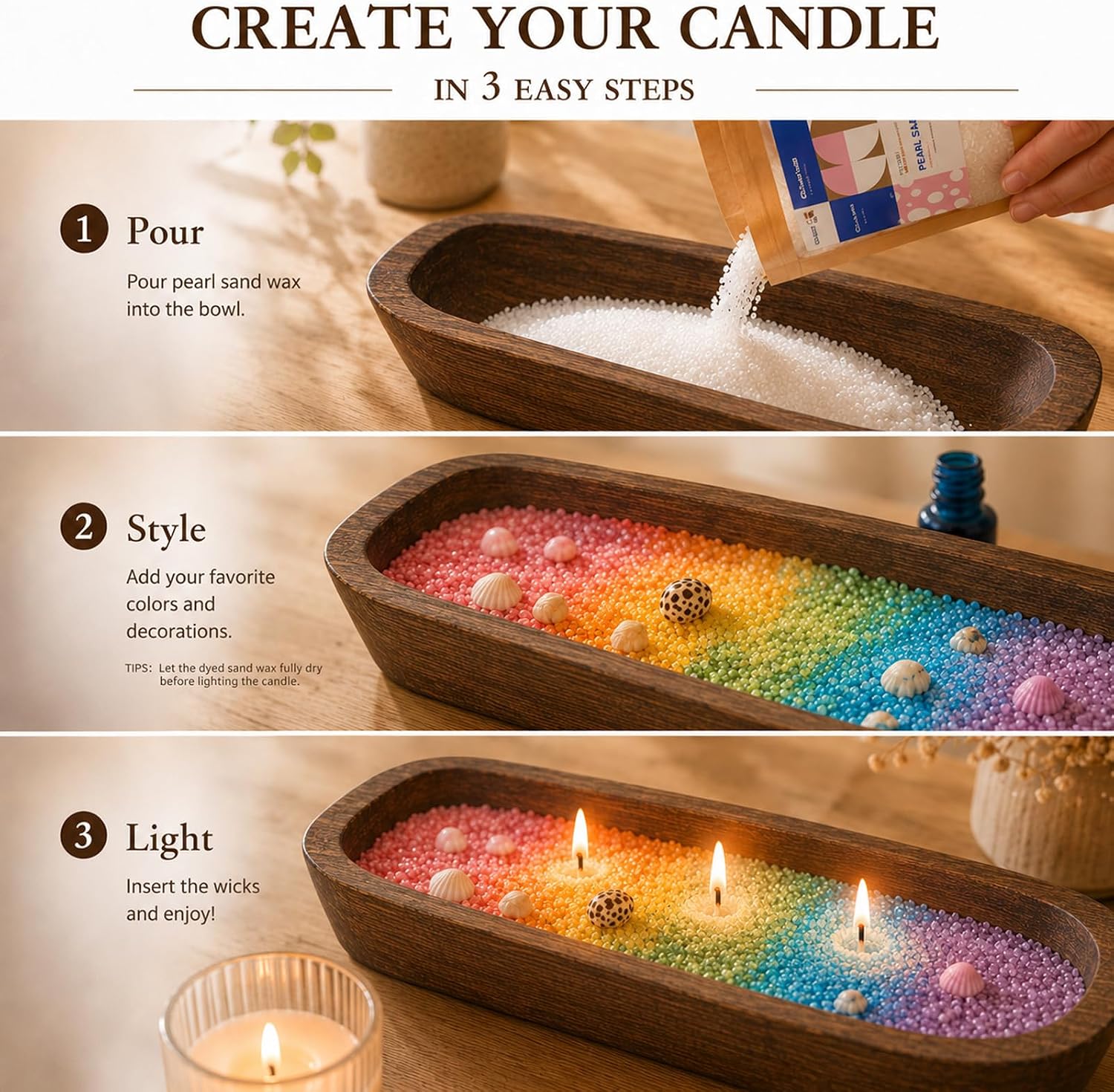 Glizma Pearl Sand Wax Candle Making Kit with Nautal Wood Bowl
