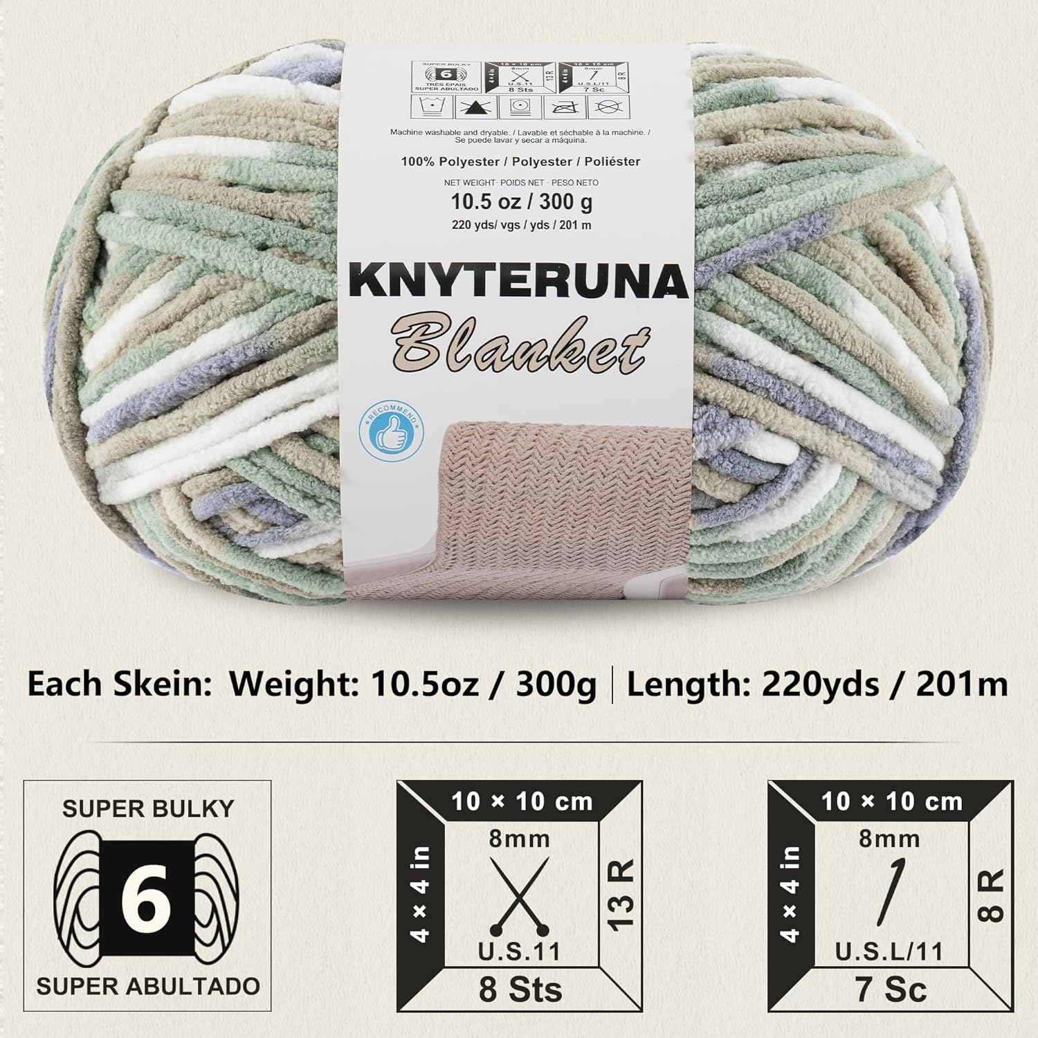 #6 Super Bulky Blanket Yarn for Crocheting - 4 Skeins(Each 10.5oz/300g, 220yds/201m), Chunky Chenille Thick Plush Big Soft Yarn for Crocheting Knitting Blankets, Cream & Sage & Grey & Khaki