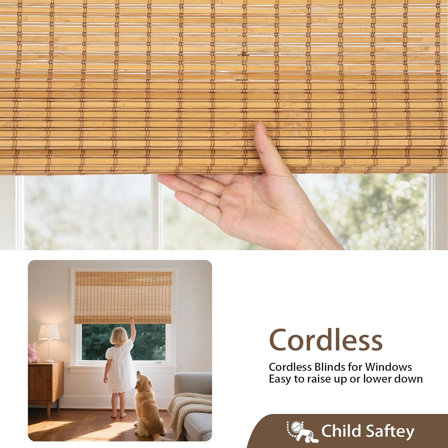 Sunbox Cordless Bamboo Roman Shades, Blackout Natural Bamboo Blinds for Indoor Windows, Custom Natural Roman Blinds for Indoor Windows, Doors, Kitchens, Bathroom, Camel