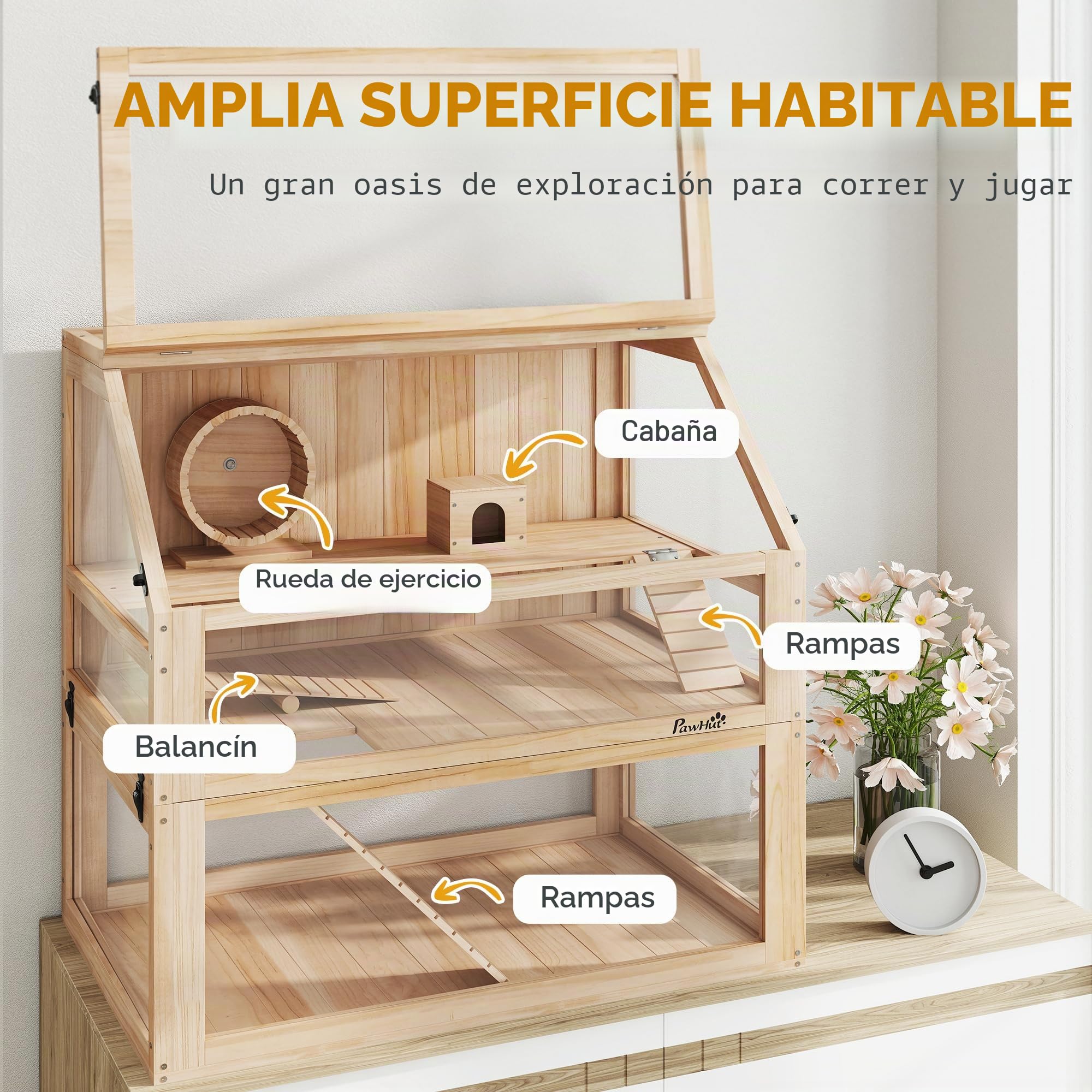 PawHut Jaula de madera para hámster de 3 niveles, jaula para roedores y animales pequeños, con tapa plegable, rueda y accesorios, jaula de madera para hámsters enanos, 80 x 50 x 76 cm, madera natural | Jaula para roedores, para hámsters enanos