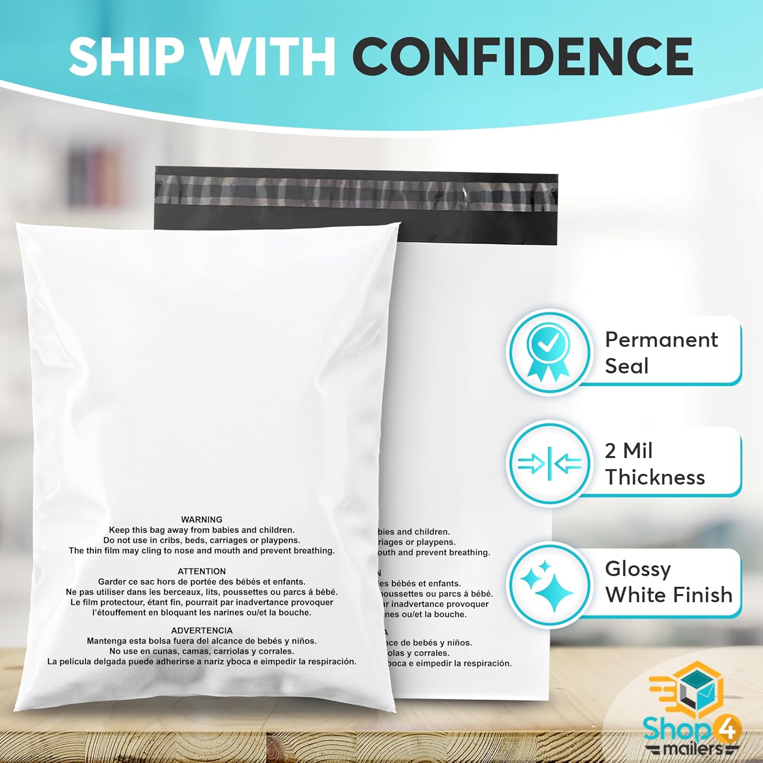 Shop4Mailers 12x15.5 Inch 2 Mil Poly Mailers with Suffocation Warning – Waterproof Tear-Resistant Shipping Bags for Clothing, T-Shirts & Apparel, Permanent Self Seal Adhesive (100 Pack)