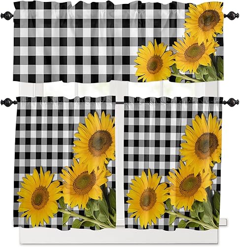 Juego de cortinas y cenefas de girasol para cocina, diseño rústico de granja, color blanco y negro, cenefa a cuadros para bañocafetería, bolsillo