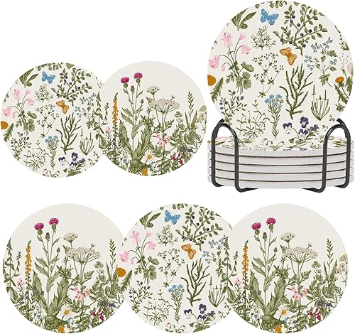 Juego de 6 posavasos de flores de cardo verde salvia para bebidas, posavasos de cerámica absorbente con soporte de metal y base de corcho para café,