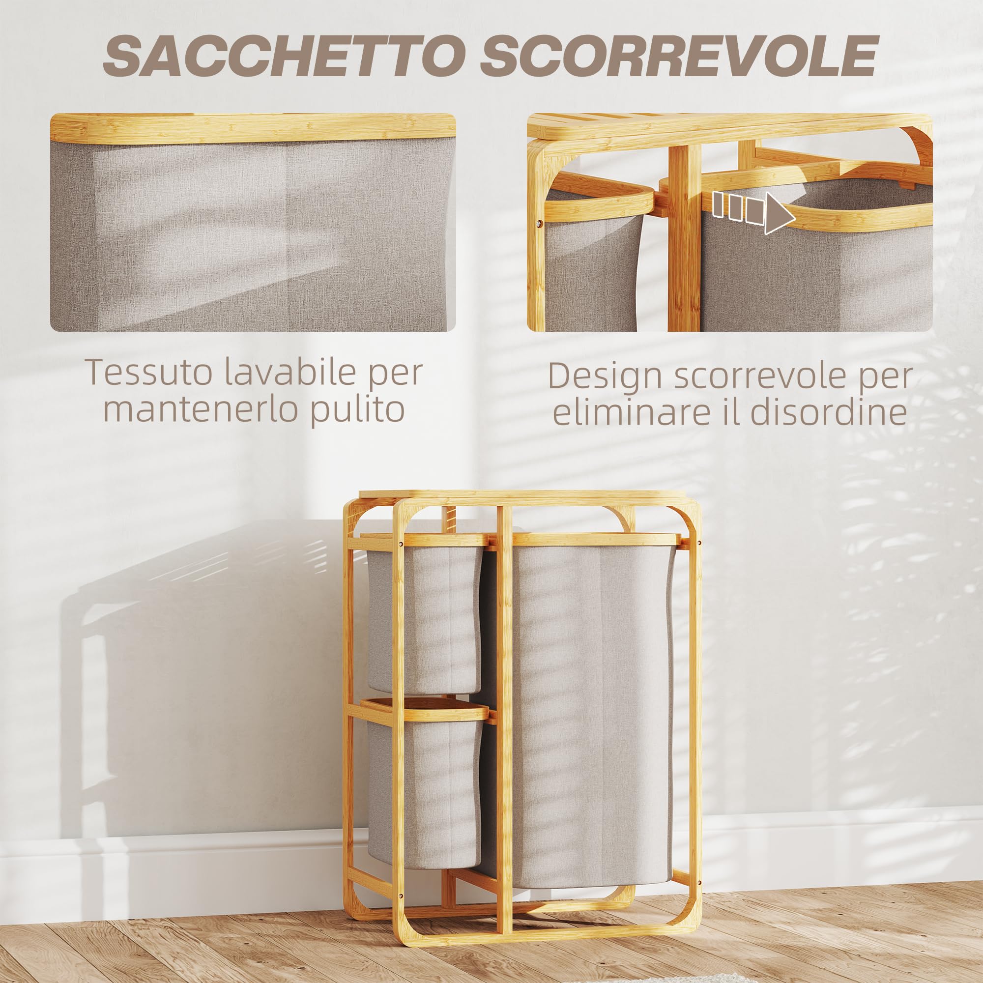 HOMCOM Cesto Portabiancheria Salvaspazio, Cesto Portabiancheria Elegante con 3 Sacchi e Ripiani in Tessuto, Bambù, 50x32x69.7 cm, Color Bambù e Crema