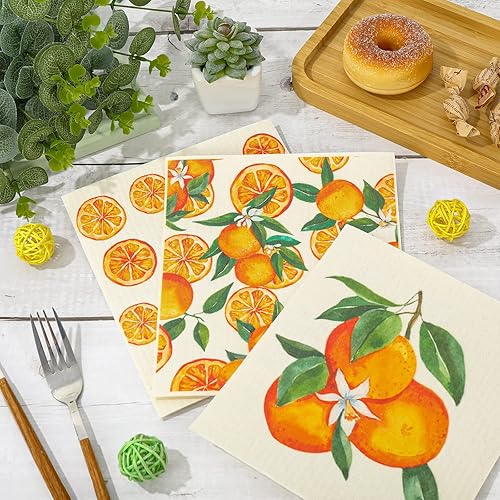 Miniatura 4 de Whaline Paño de cocina sueco naranja con patrón de frutas absorbente de algodón reutilizable, toalla de cocina, limpieza diaria, paños de cocina