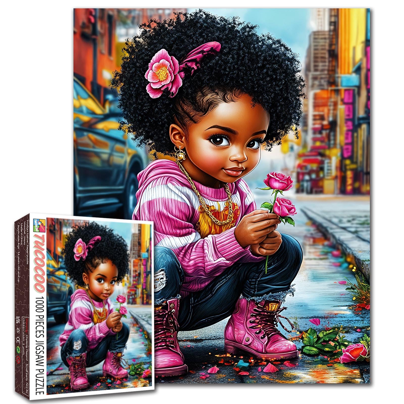 1000 Piece Jigsaw Puzzles for Adults African American Girl Painting Jigsaw Puzzle Afro Black Child 1000 Pieces Puzzles Game Charming Africa DIY Craft Bedroom Decor Streets Girl Art
