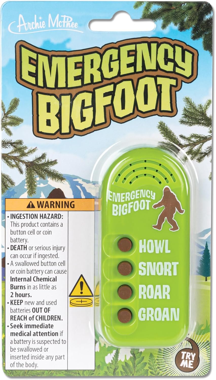 Archie McPhee: Emergency Bigfoot - Electronic Sound Maker, 3.5" Handheld Device, 4 Sasquatch Noises: Howl-Snort-Roar-Groan, Camping Pranks Novelty Toy