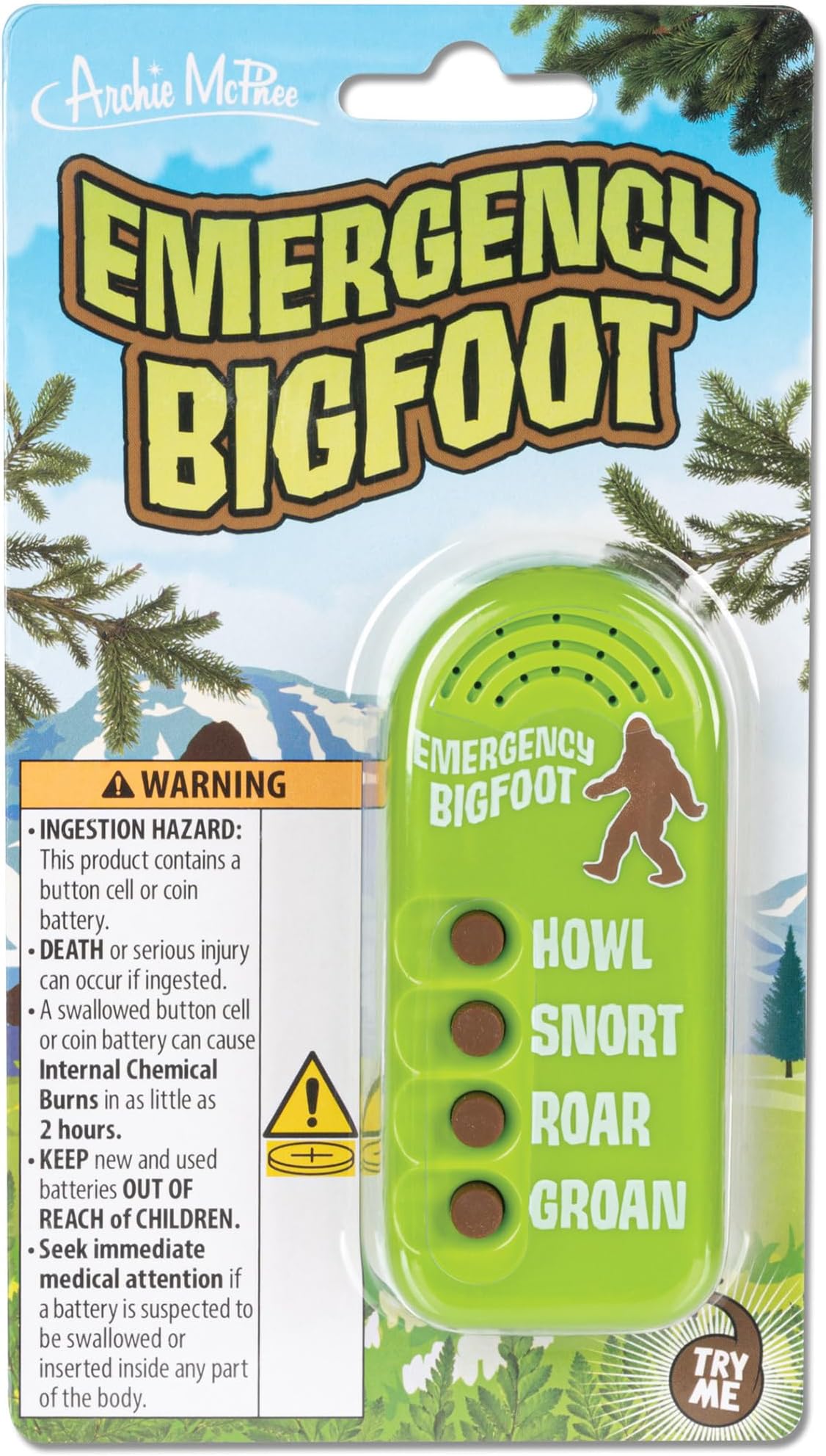 Archie McPhee: Emergency Bigfoot - Electronic Sound Maker, 3.5" Handheld Device, 4 Sasquatch Noises: Howl-Snort-Roar-Groan, Camping Pranks Novelty Toy