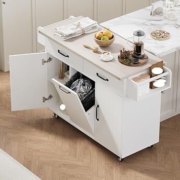 Kitchen Island with Trash Can Storage, Rolling Kitchen Cart on Wheels with Drop Leaf, Drawers, Adjustable Shelf and Tilt Out Trash Can Cabinet for 15 Gallon Garbage Bin White