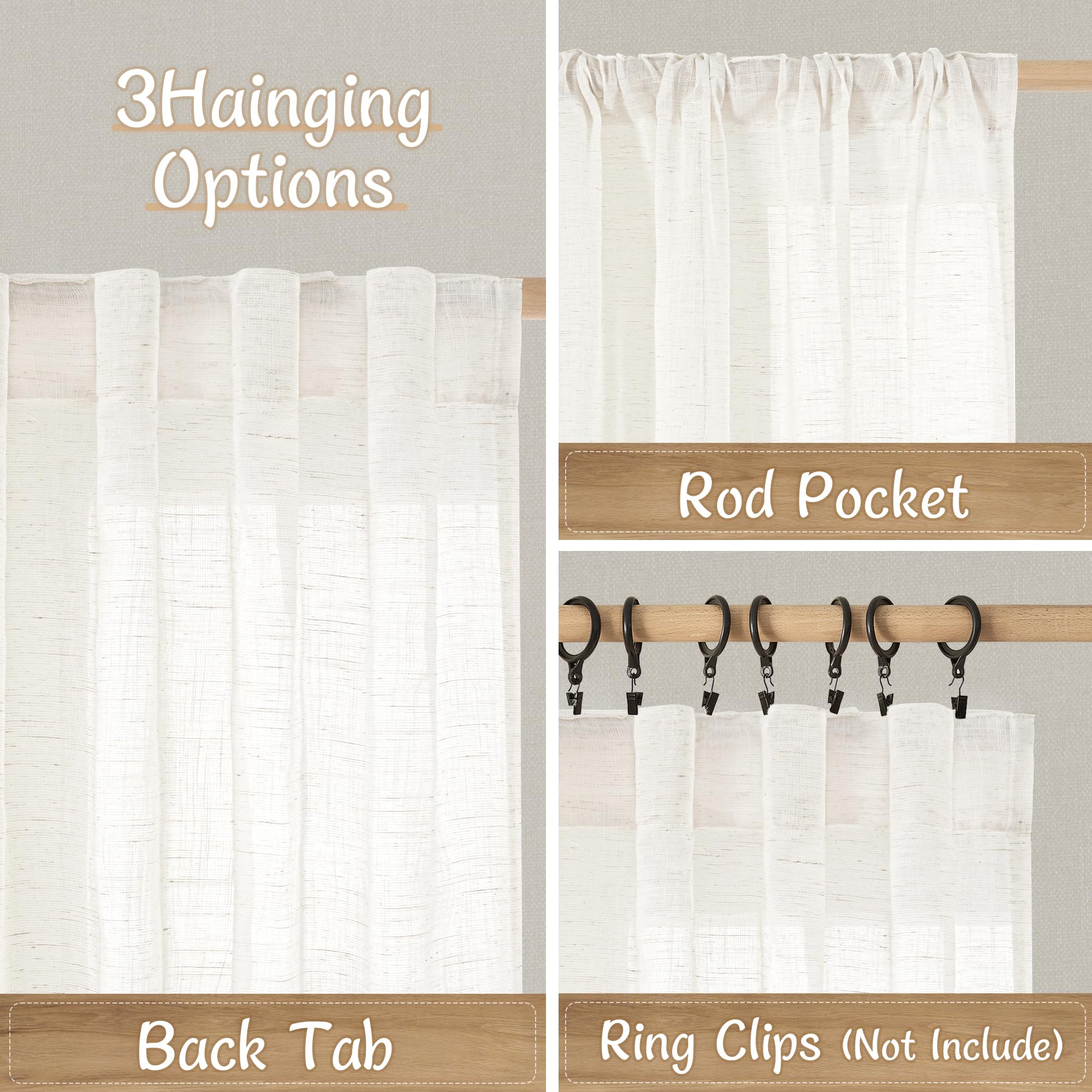 LAMIT Natural Linen Semi Sheer Curtains 84 Inches Long 2 Panels, Living Room Linen Textured Light Filtering Drapes Back Tab and Rod Pocket Neutral Window Panels for Bedroom/Sliding Door, 52 x 84 Inch — view 3