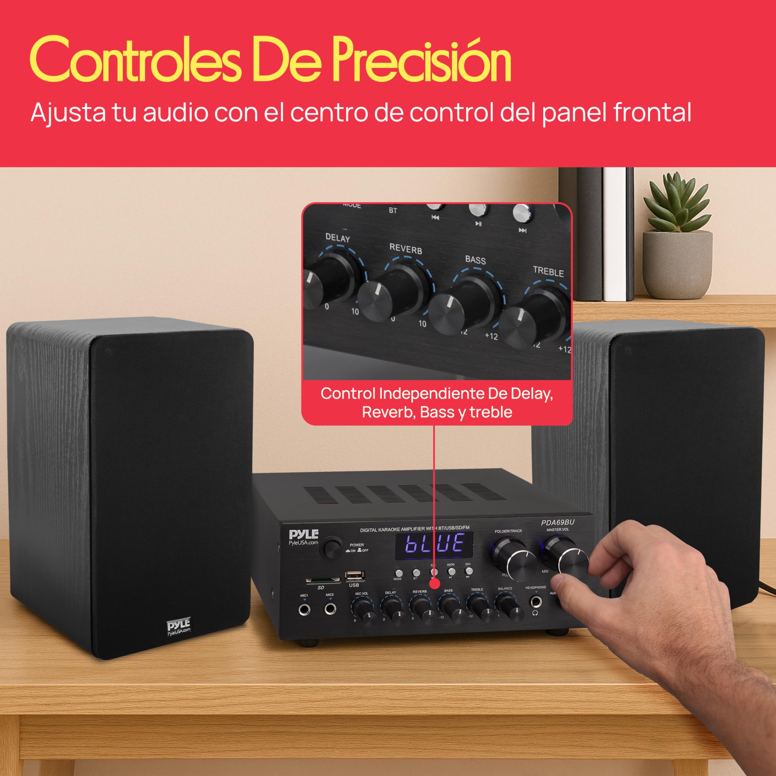 Pyle Amplificador de Audio, para el hogar, Estudio, 300W, Bluetooth, Estereo, 2 Canales, Sistema de Audio MP3, USB, SD, AUX, RCA, Microfono, Audiofonos, FM, LED