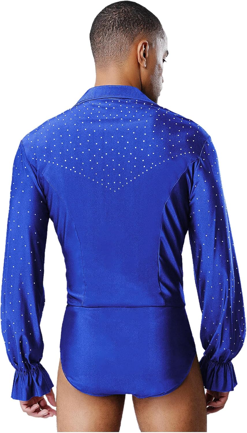 JEYPINMI Mens Ruffles Long Sleeve Cha-cha Ballroom Modern Latin Dance Bodysuit Shirt Tuxedo Leotard